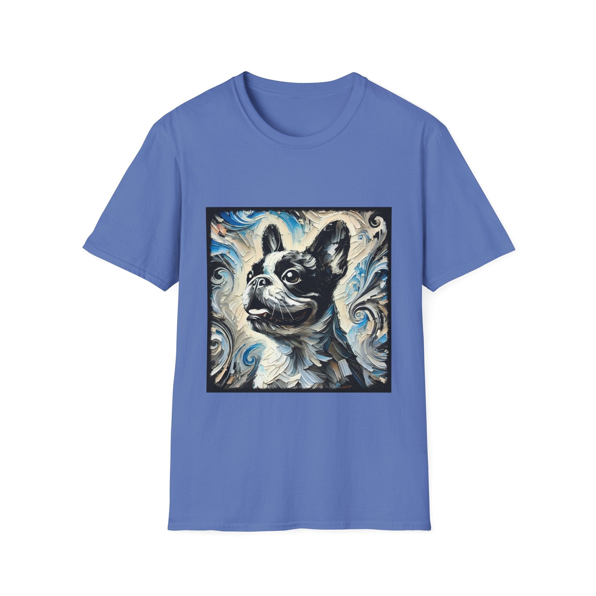 Iris dog t-shirt with black and white French Bulldog portrait on swirl-patterned vintage background.