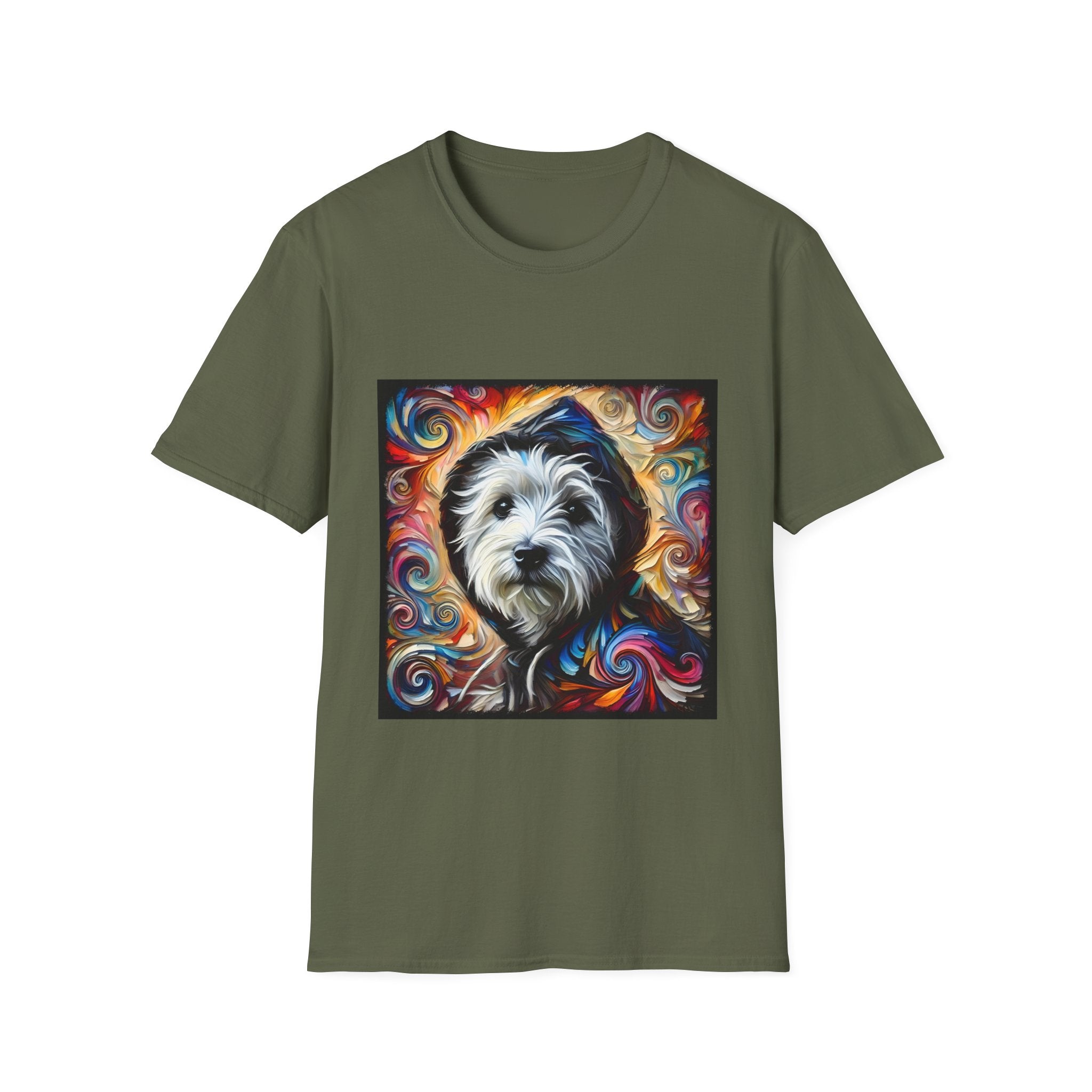 Military green dog t-shirt featuring Westie in black hoodie with swirling red blue orange and gold background.
