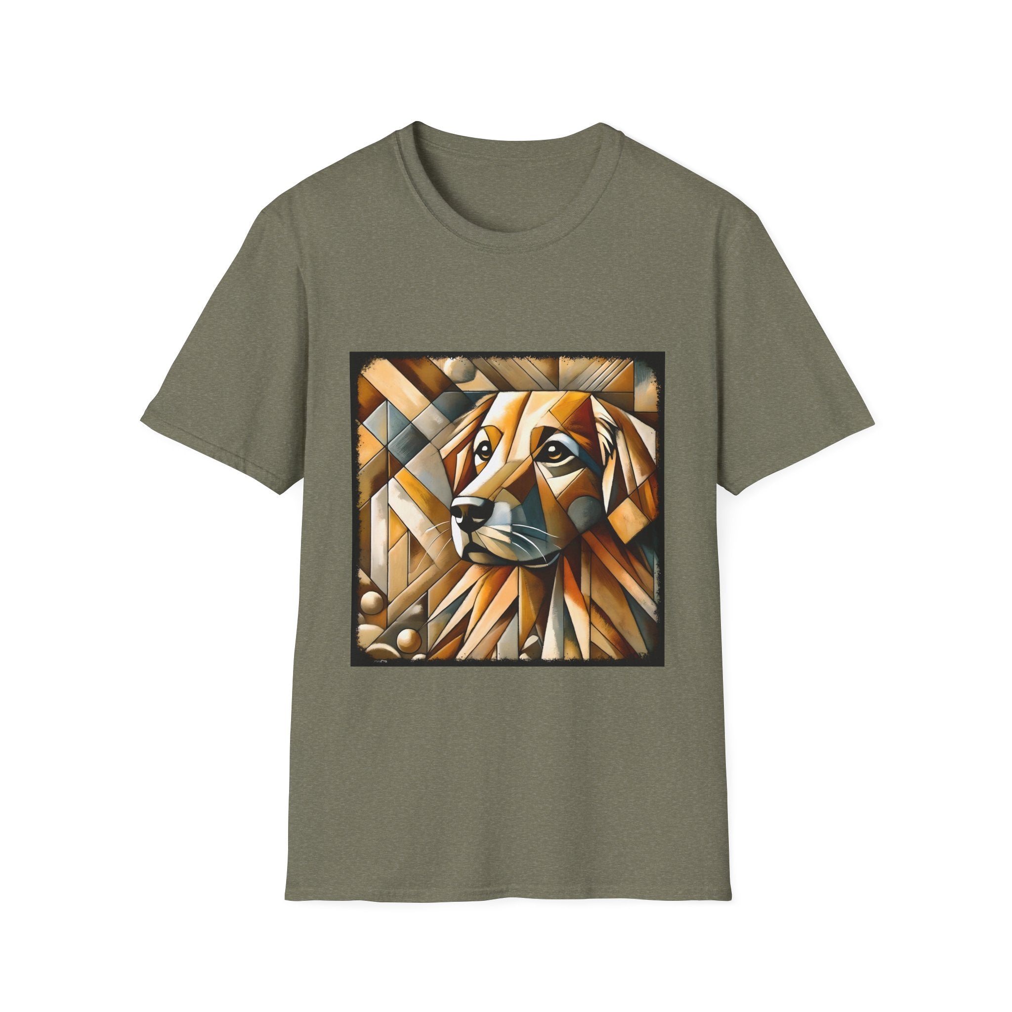 Heather military green dog t-shirt featuring golden retriever in geometric cubist style with warm amber and tan tones.