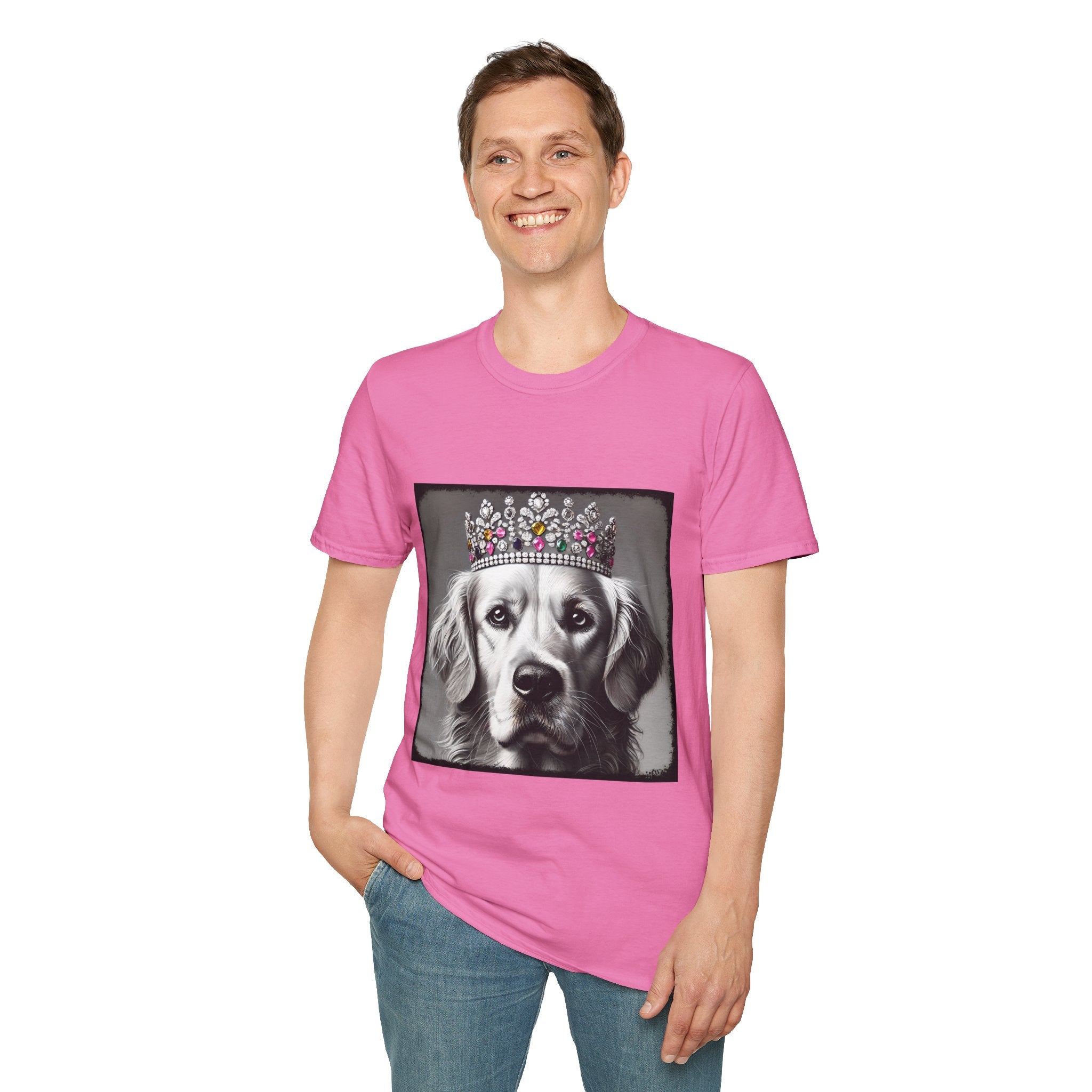 Male model wears pink dog t-shirt featuring a black-and-white princess Golden Retriever with jeweled crown on gray background.