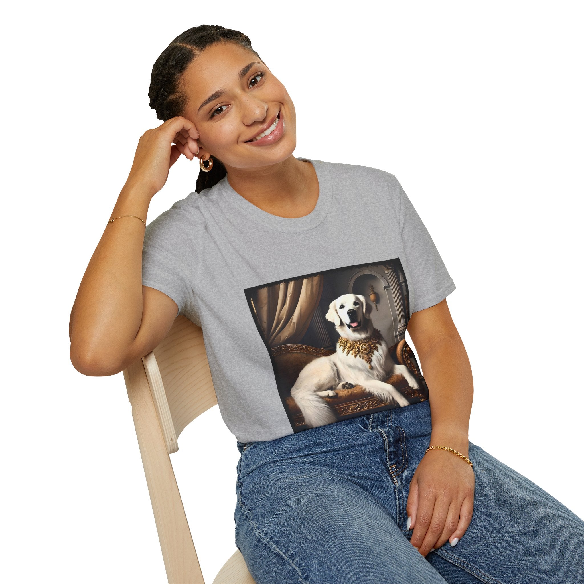 Female model wears sport gray dog t-shirt featuring a regal white golden retriever lounging on a gold settee with ornate curtains.