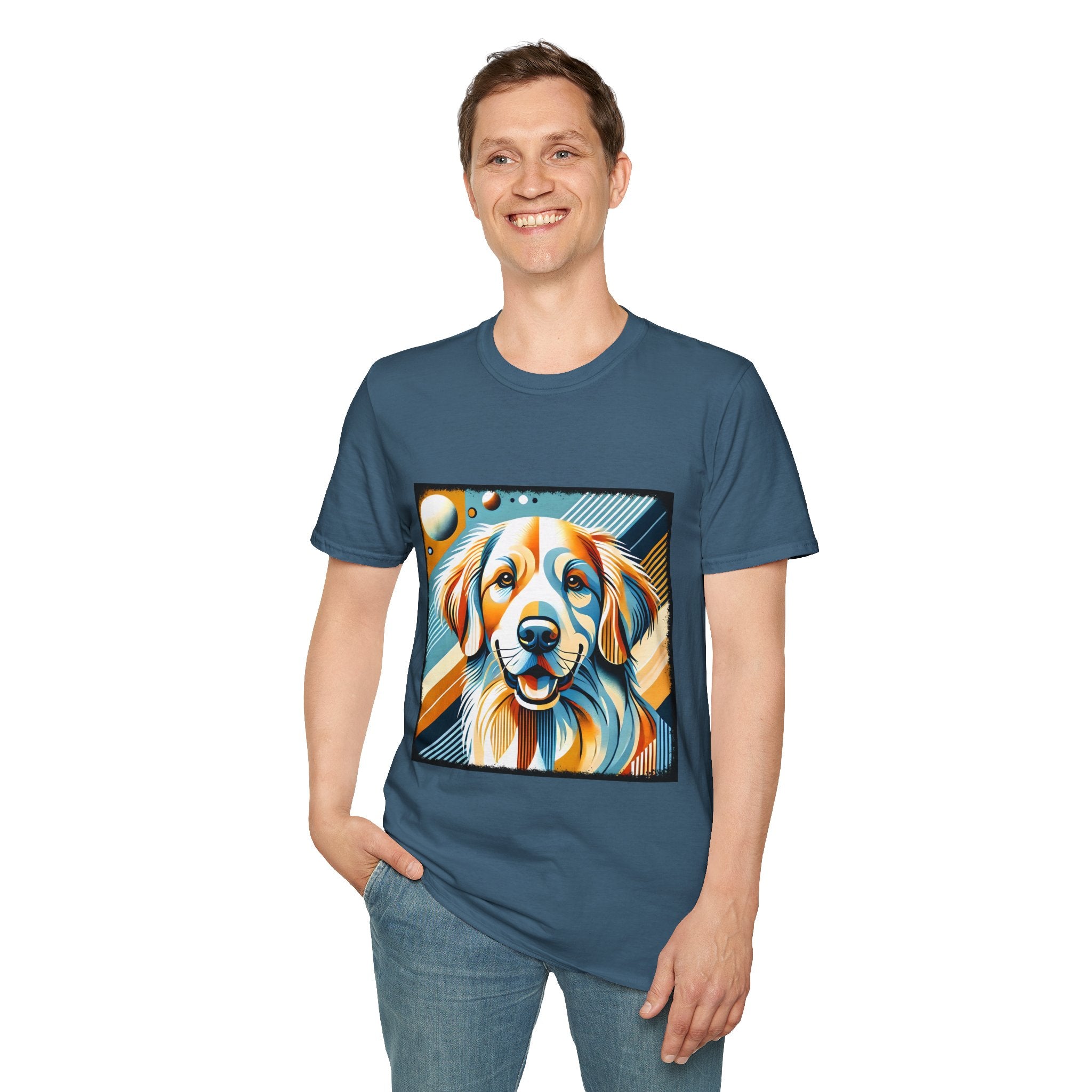 Male standing in heather indigo dog t-shirt featuring smiling golden retriever in abstract pop style with blue, orange, and cream tones.