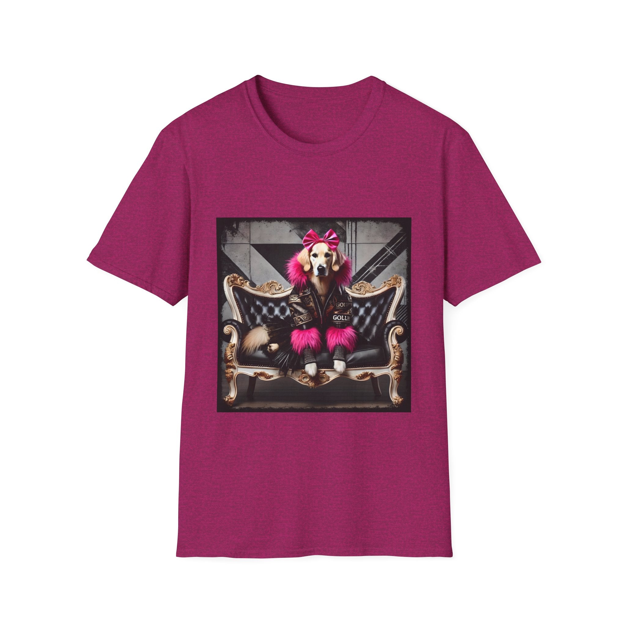 Heather berry dog t-shirt featuring golden retriever with pink bow and fur outfit on black settee in edgy backdrop.