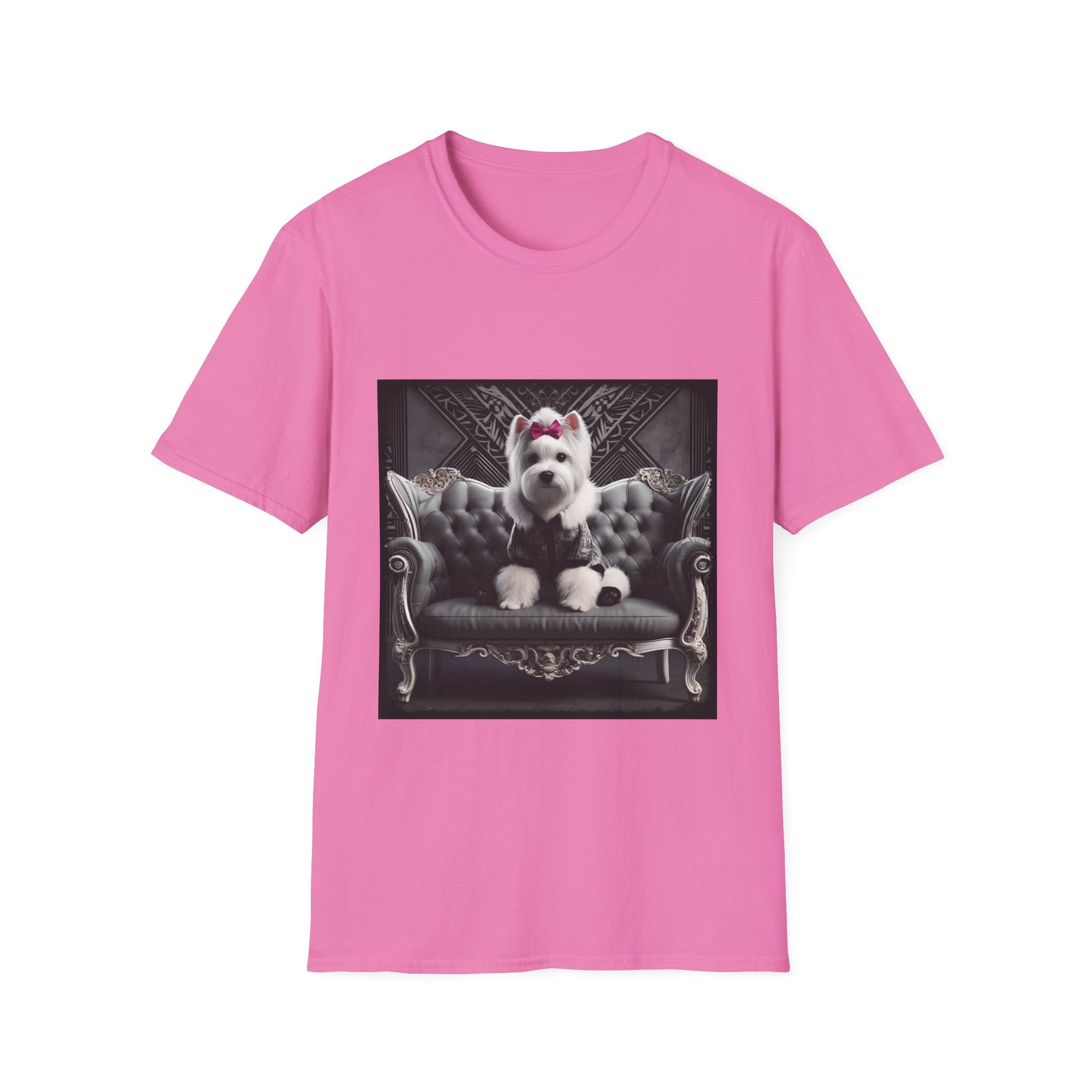 Pink dog t-shirt featuring Westie in black outfit with pink bow seated on ornate gothic black couch.