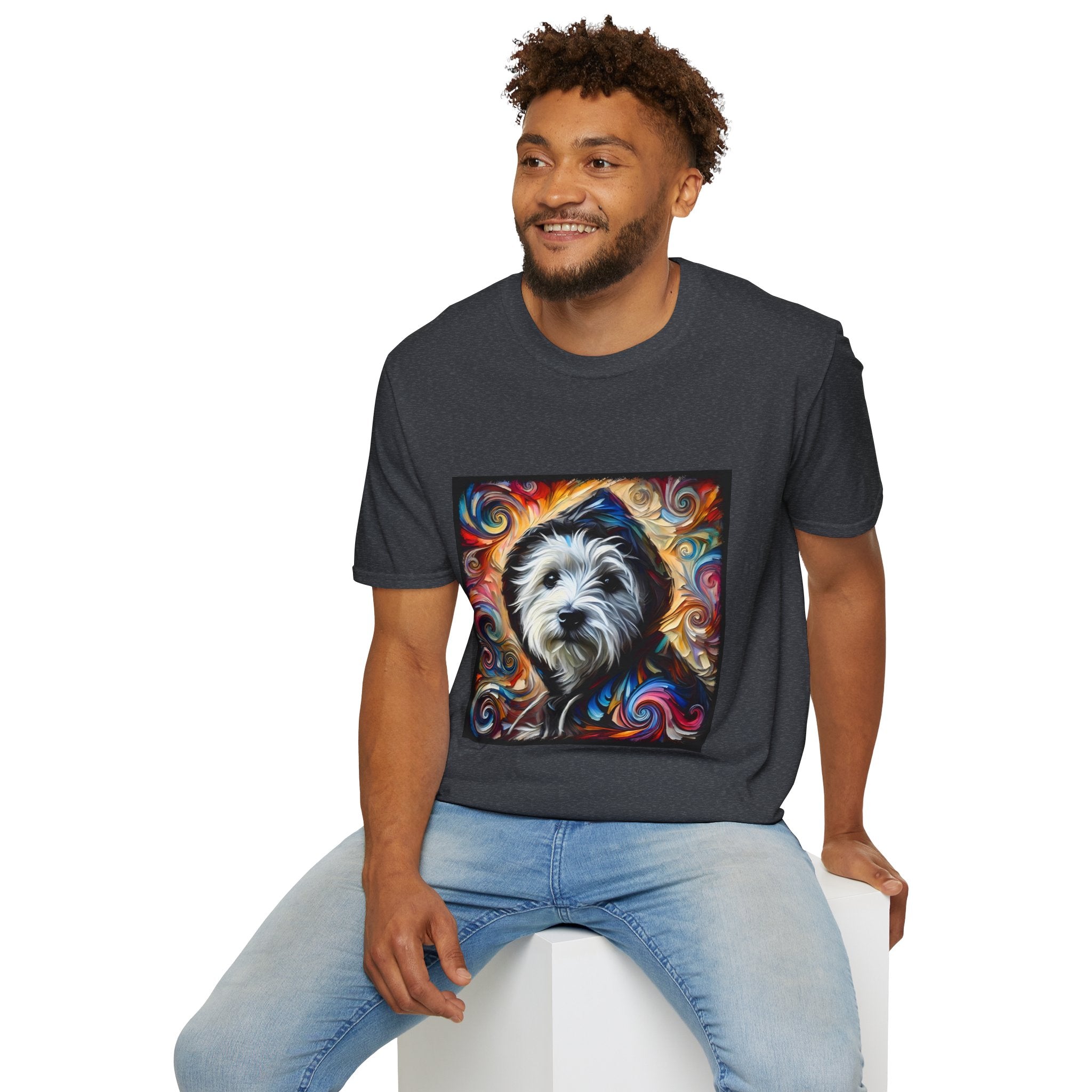 Male model in dark heather gray dog t-shirt featuring Westie in black hoodie with swirling red blue orange and gold background.