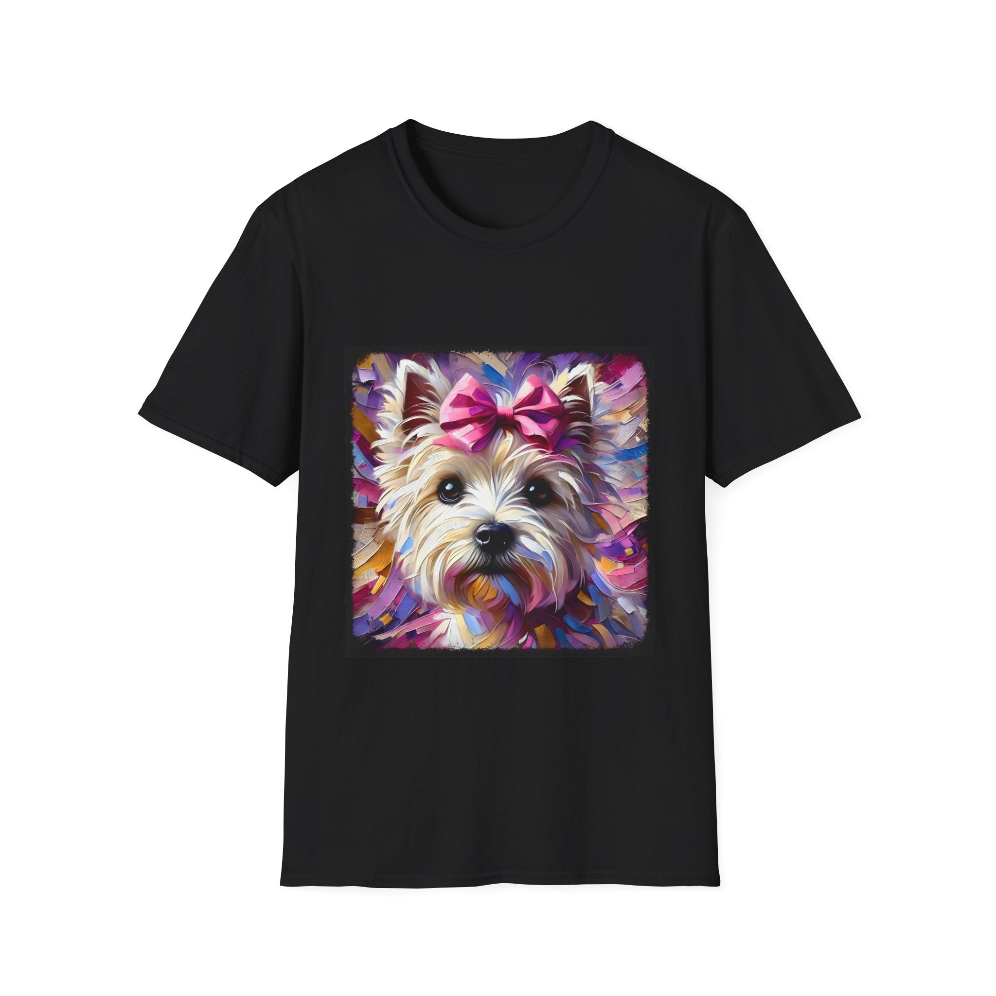 Black dog t-shirt with Westie face, pink bow, and bold brushstroke colors in purple, pink, and gold.