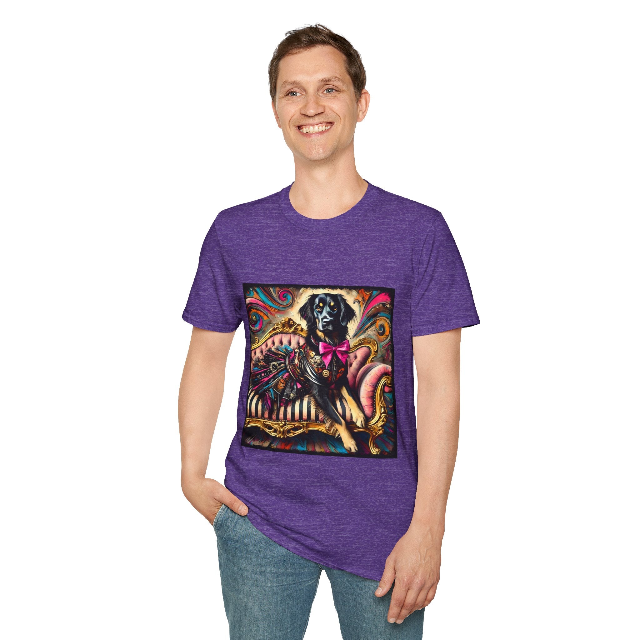Male model in heather purple dog t-shirt with black retriever in edgy outfit and pink bow on striped settee, swirl backdrop.
