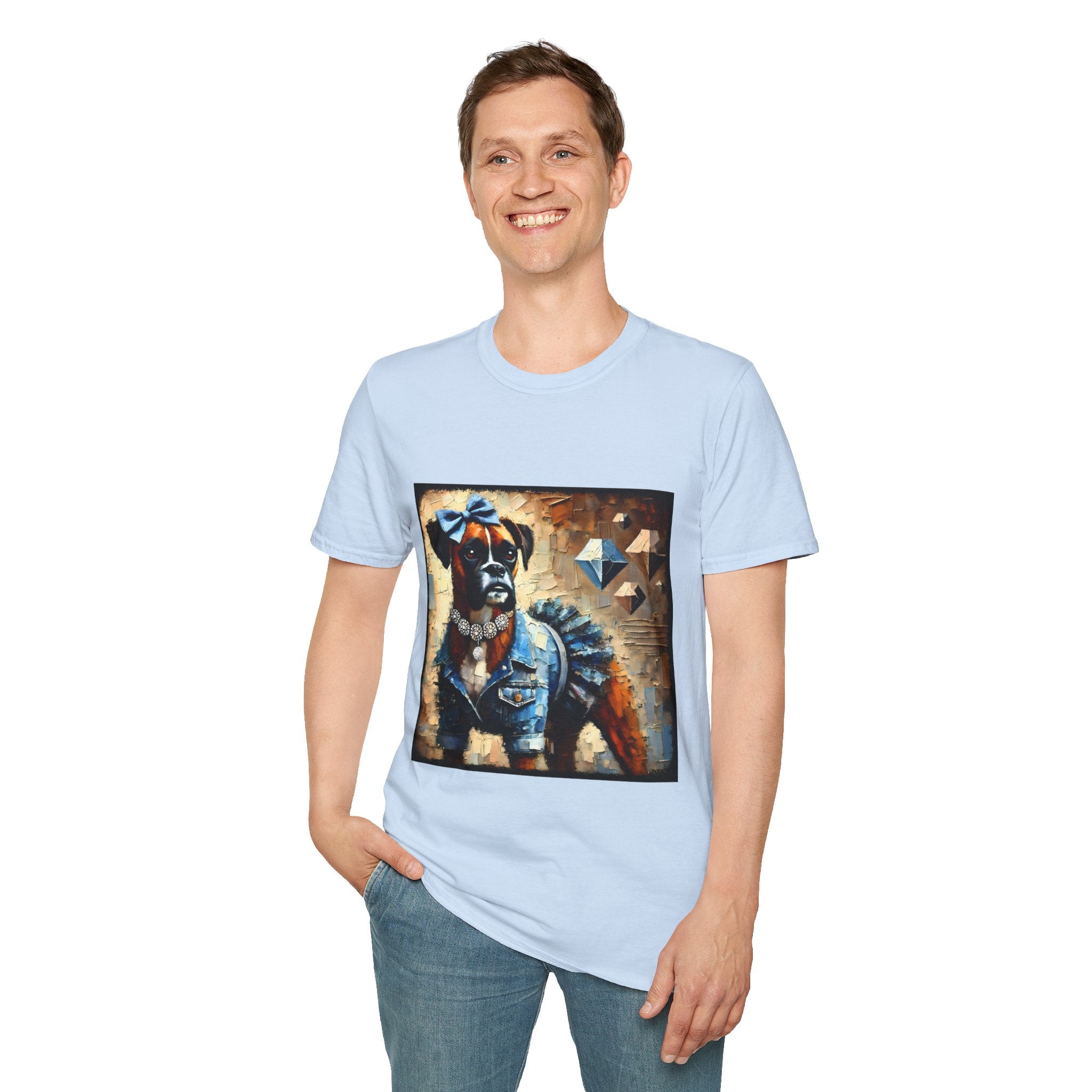 Male model in light blue dog t-shirt with boxer in denim ruffle dress, blue bow, diamond collar, and abstract gem background.