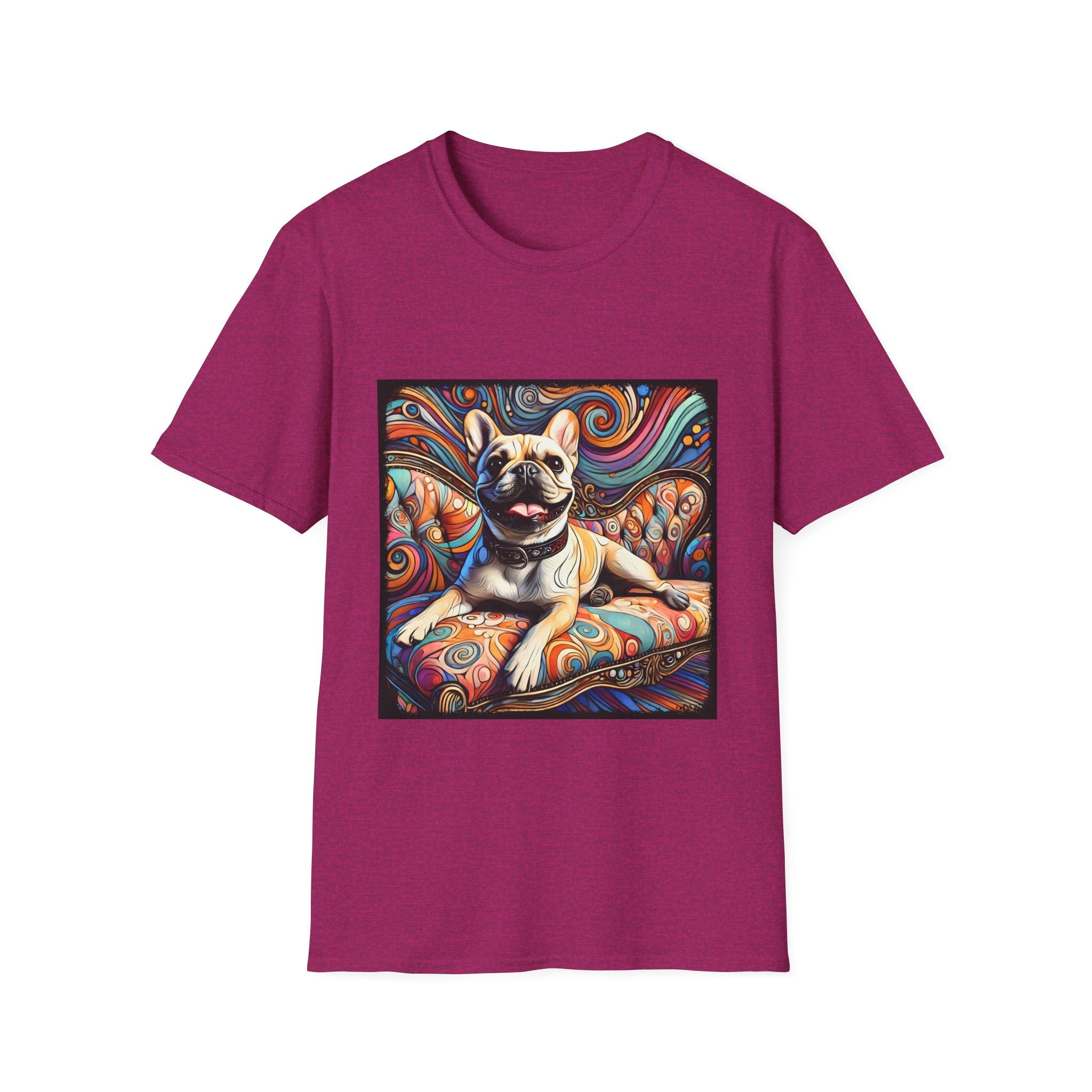 Heather berry dog t-shirt featuring fawn French Bulldog with collar lounging on colorful swirl settee with vivid abstract background.
