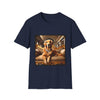 Navy dog t-shirt featuring regal golden retriever in diamond collar lounging on ornate gold baroque settee.