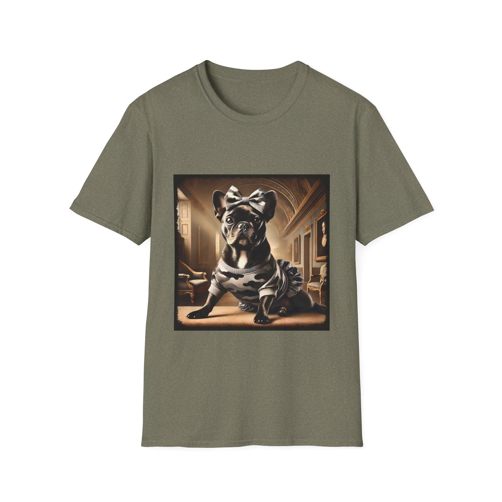 Heather military green dog t-shirt featuring black French Bulldog in camo dress and bow, set in sepia-toned palace hall.