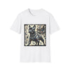 White dog t-shirt featuring heroic black French Bulldog in battle armor, set against abstract explosive strokes.