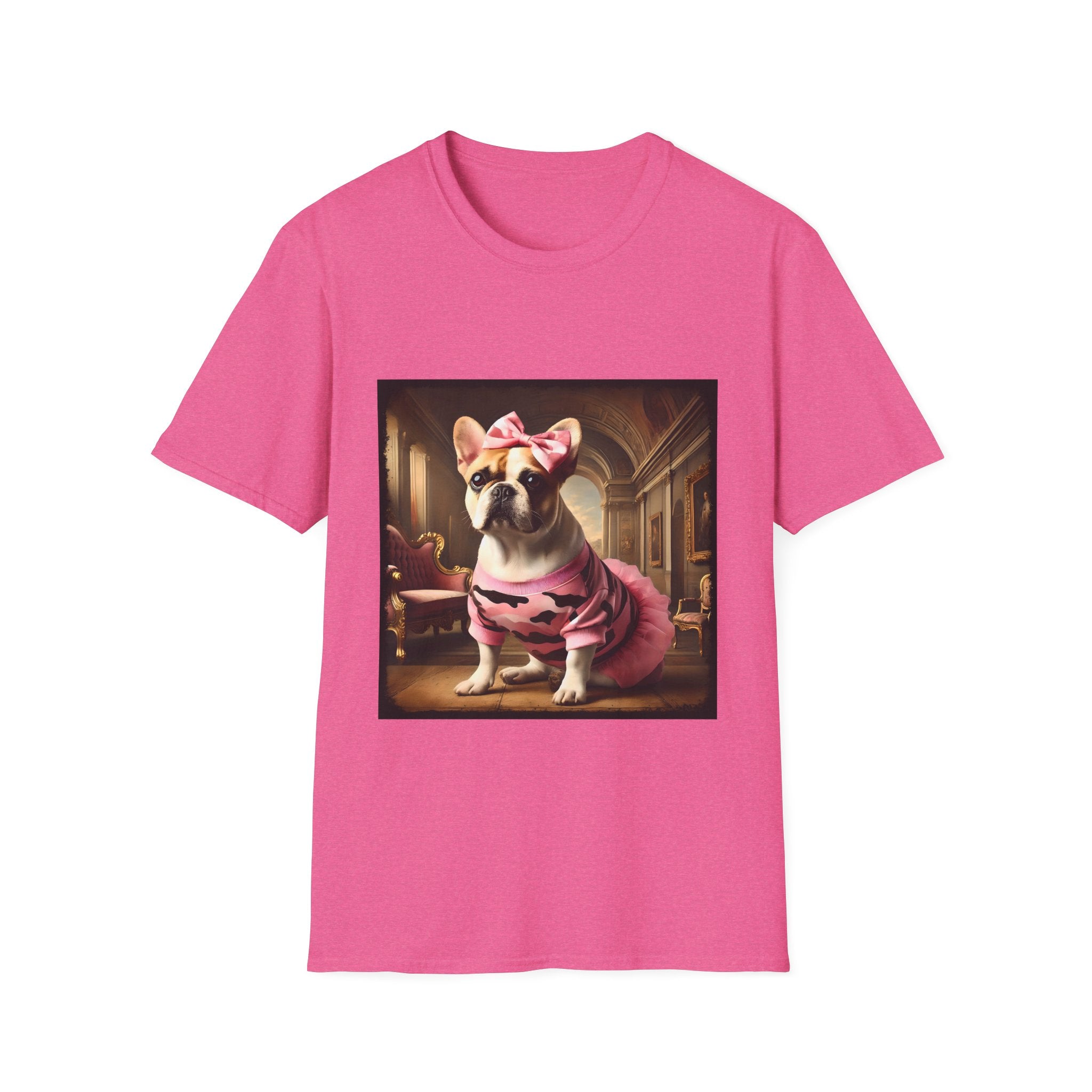 Bright pink dog t-shirt featuring fawn and white French Bulldog in pink camouflage dress and bow in ornate hallway scene.