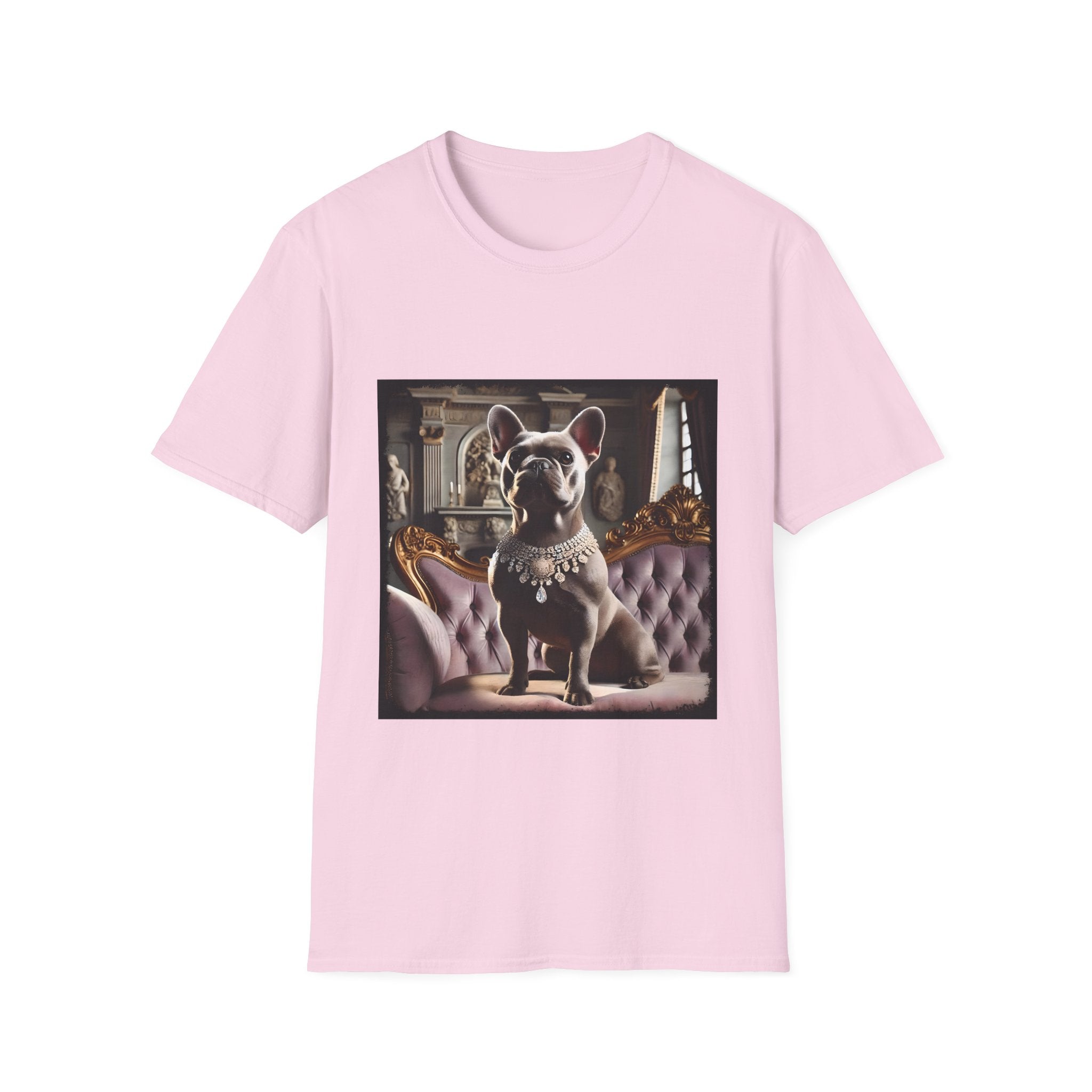 Light pink dog t-shirt featuring gray French Bulldog in jeweled necklace on tufted settee with grand palace-style background.