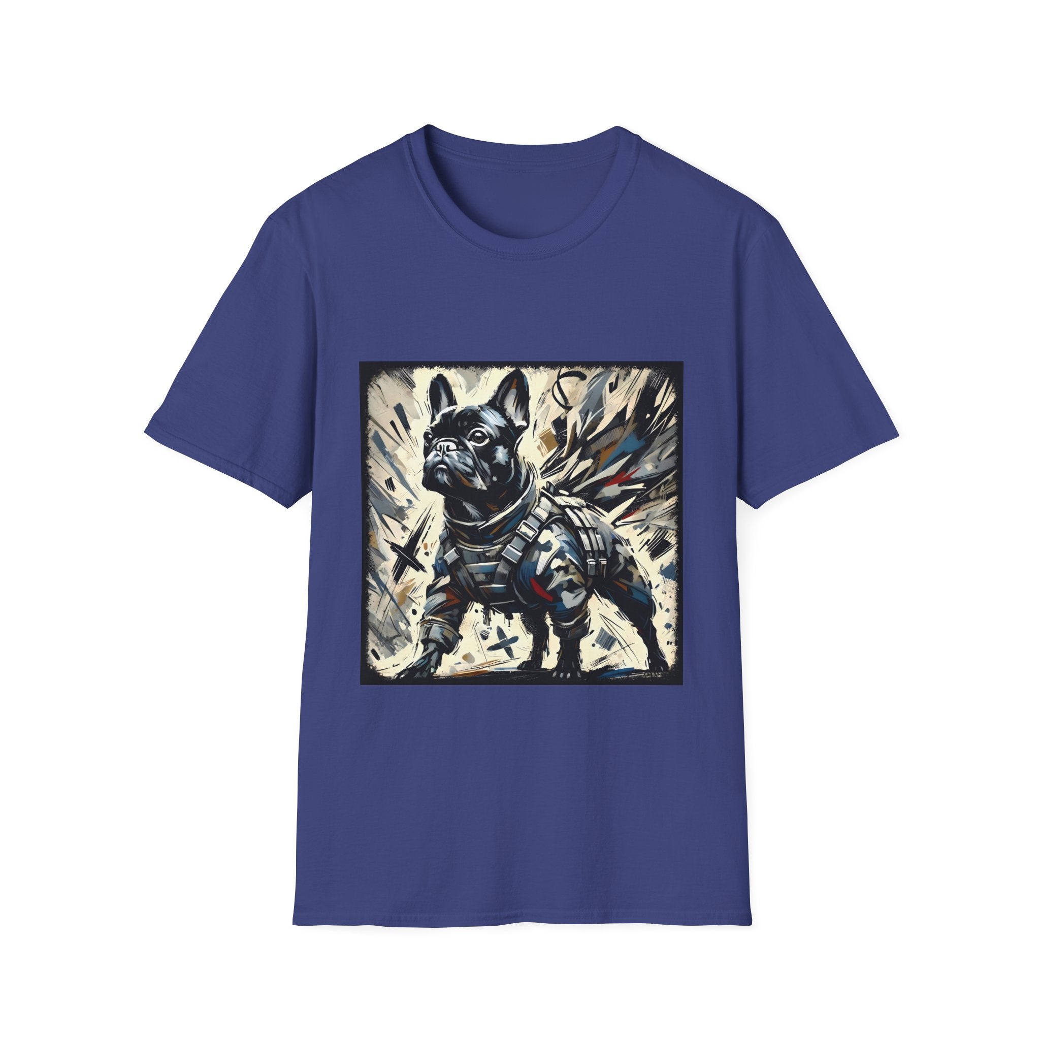 Royal blue dog t-shirt featuring heroic black French Bulldog in battle armor, set against abstract explosive strokes.