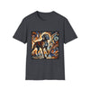 Dark heather gray dog t-shirt featuring a Coonhound with bold brush strokes in orange, blue, black, and cream.