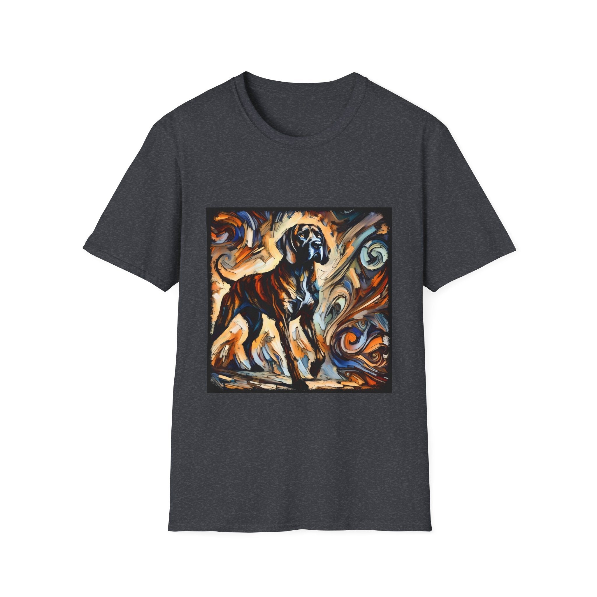 Dark heather gray dog t-shirt featuring a Coonhound with bold brush strokes in orange, blue, black, and cream.