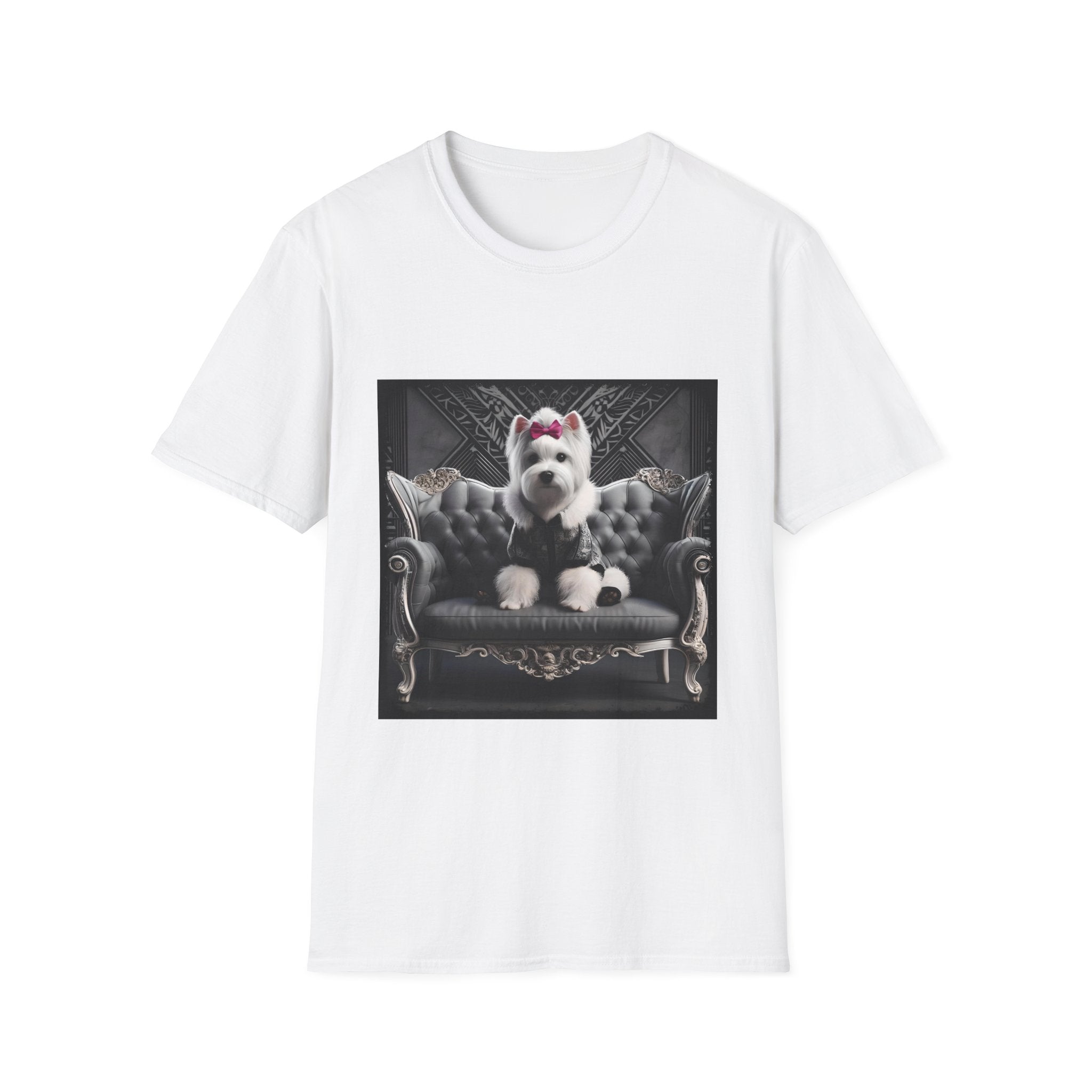 White dog t-shirt featuring Westie in black outfit with pink bow seated on ornate gothic black couch.