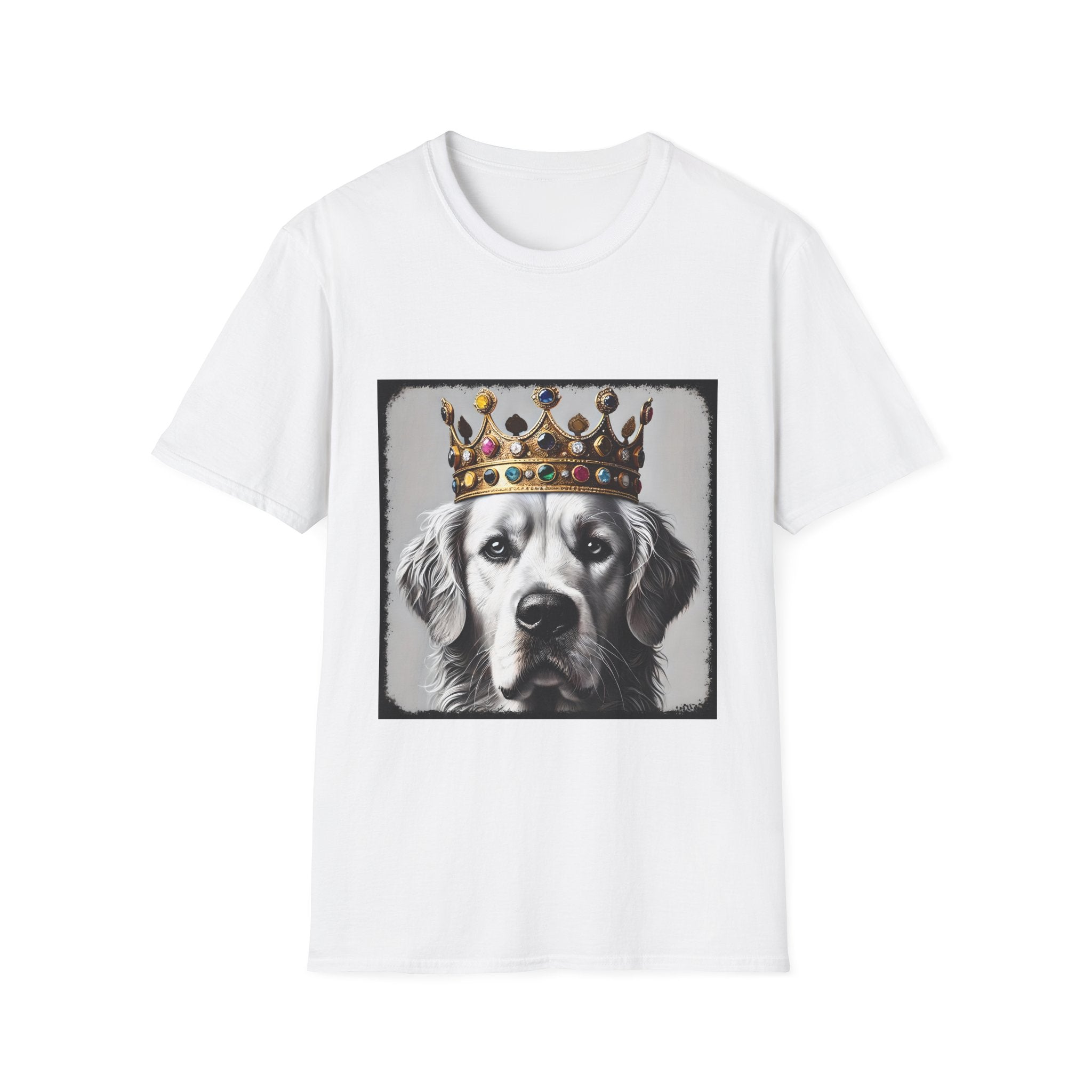 White dog t-shirt featuring a black-and-white golden retriever in jeweled crown on gray backdrop.