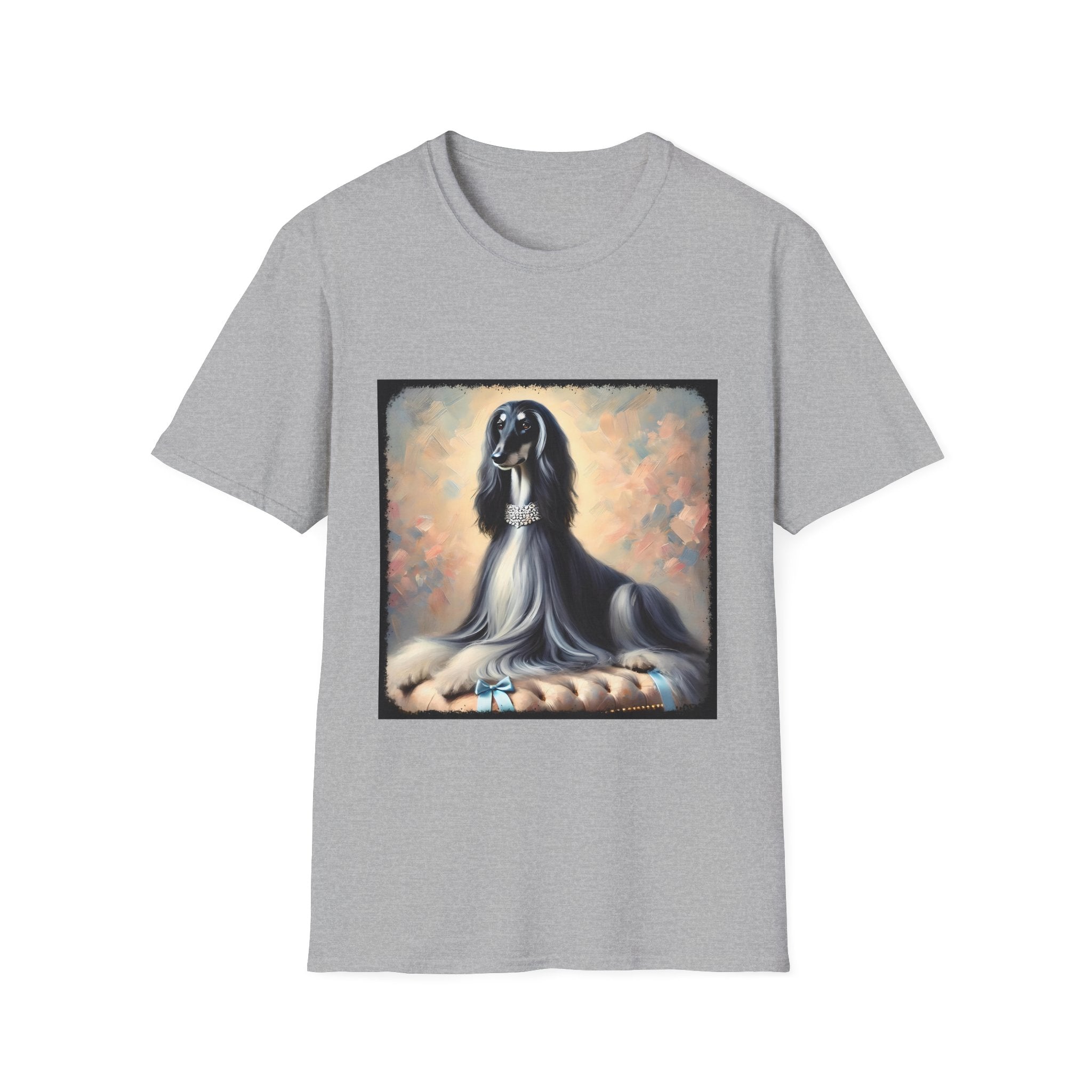 Front view of ice gray dog t-shirt featuring black and white Afghan Hound on cushion with diamond necklace, pastel background.