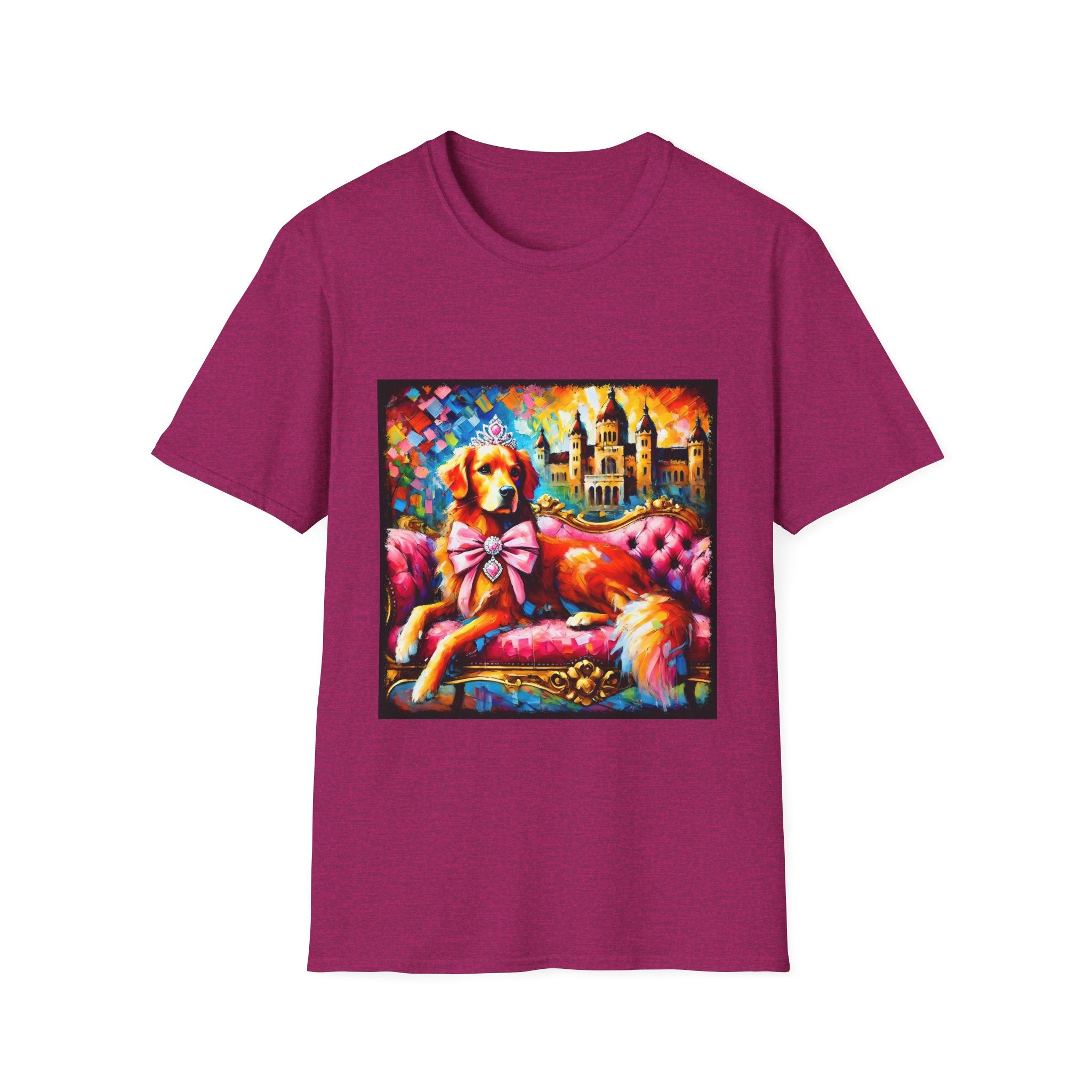 Heather berry dog t-shirt featuring golden retriever princess on pink settee with tiara and castle backdrop.