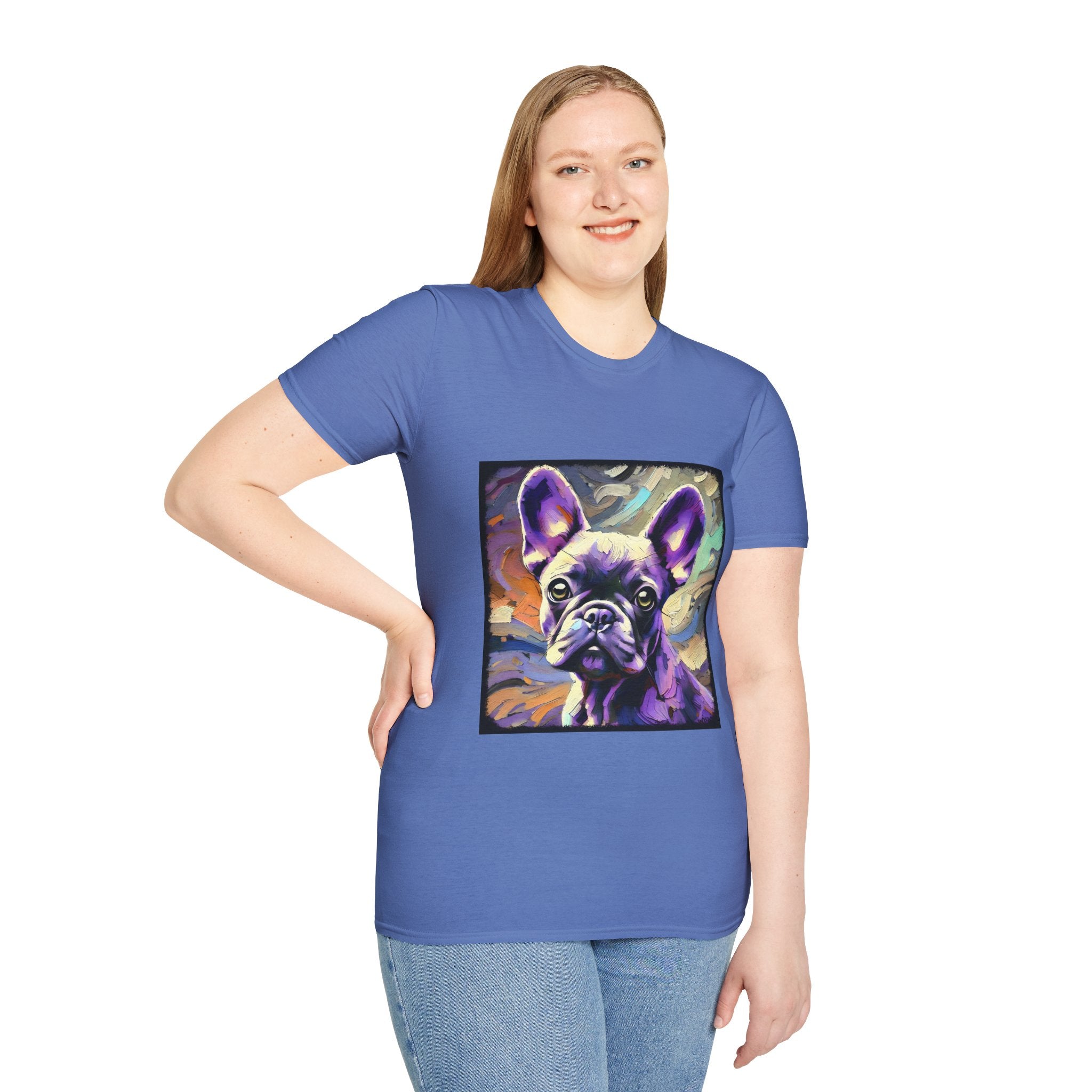 Female model in cornflower blue dog t-shirt featuring a lavender purple French Bulldog with swirling brushstrokes of teal, orange, and cream.