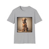 Sport gray dog t-shirt featuring golden retriever in brown collar, seated against a neutral tan backdrop.