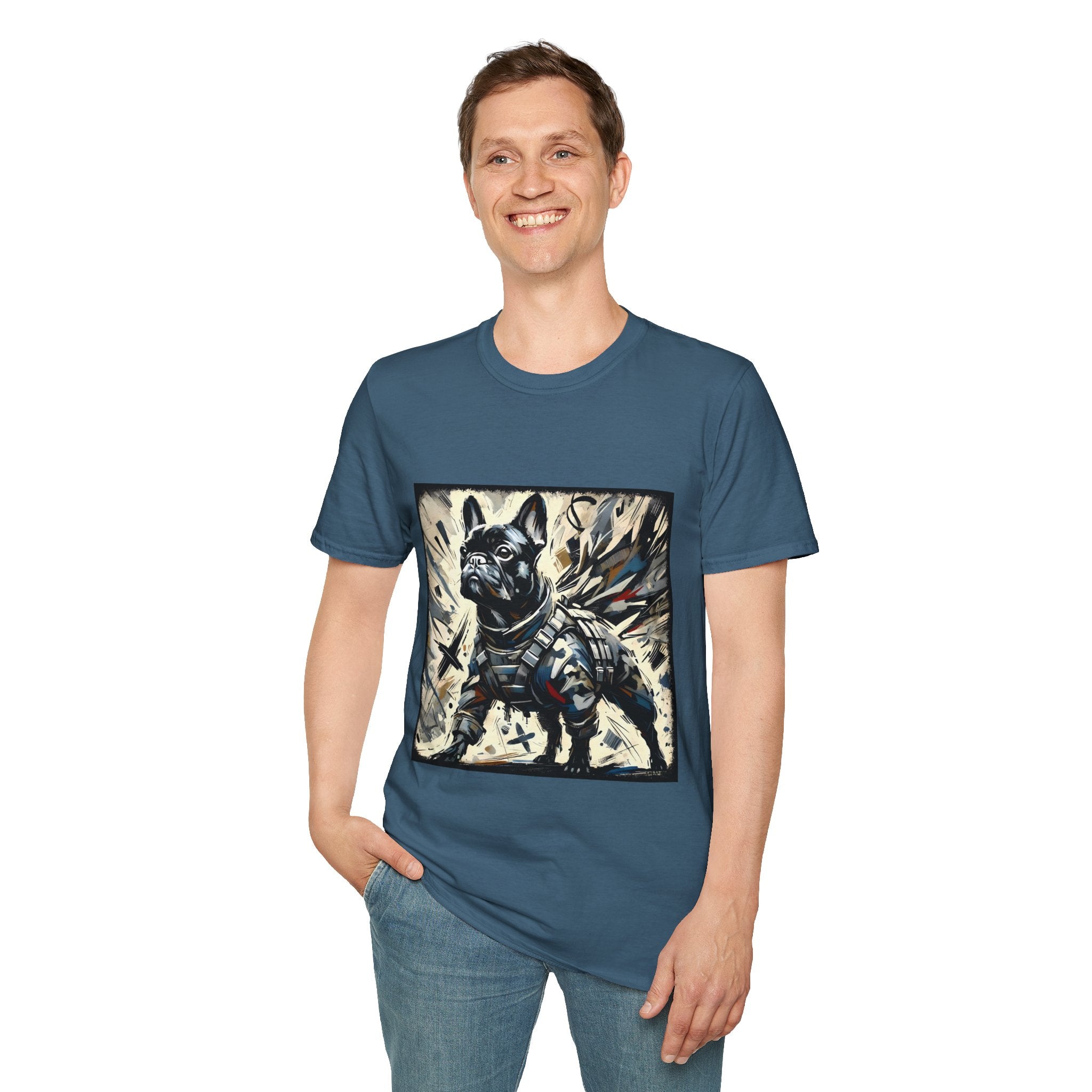 Man smiling in indigo blue dog t-shirt featuring heroic black French Bulldog in battle armor, set against abstract explosive strokes.