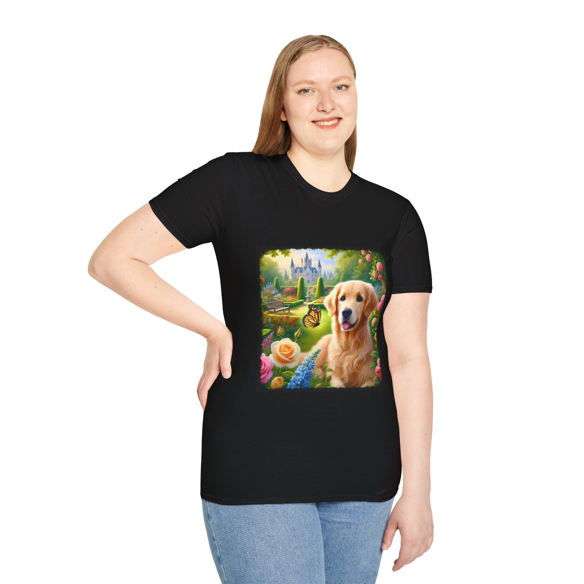 Female model wears black dog t-shirt featuring a golden retriever in a vibrant castle garden with blooming roses and a butterfly.
