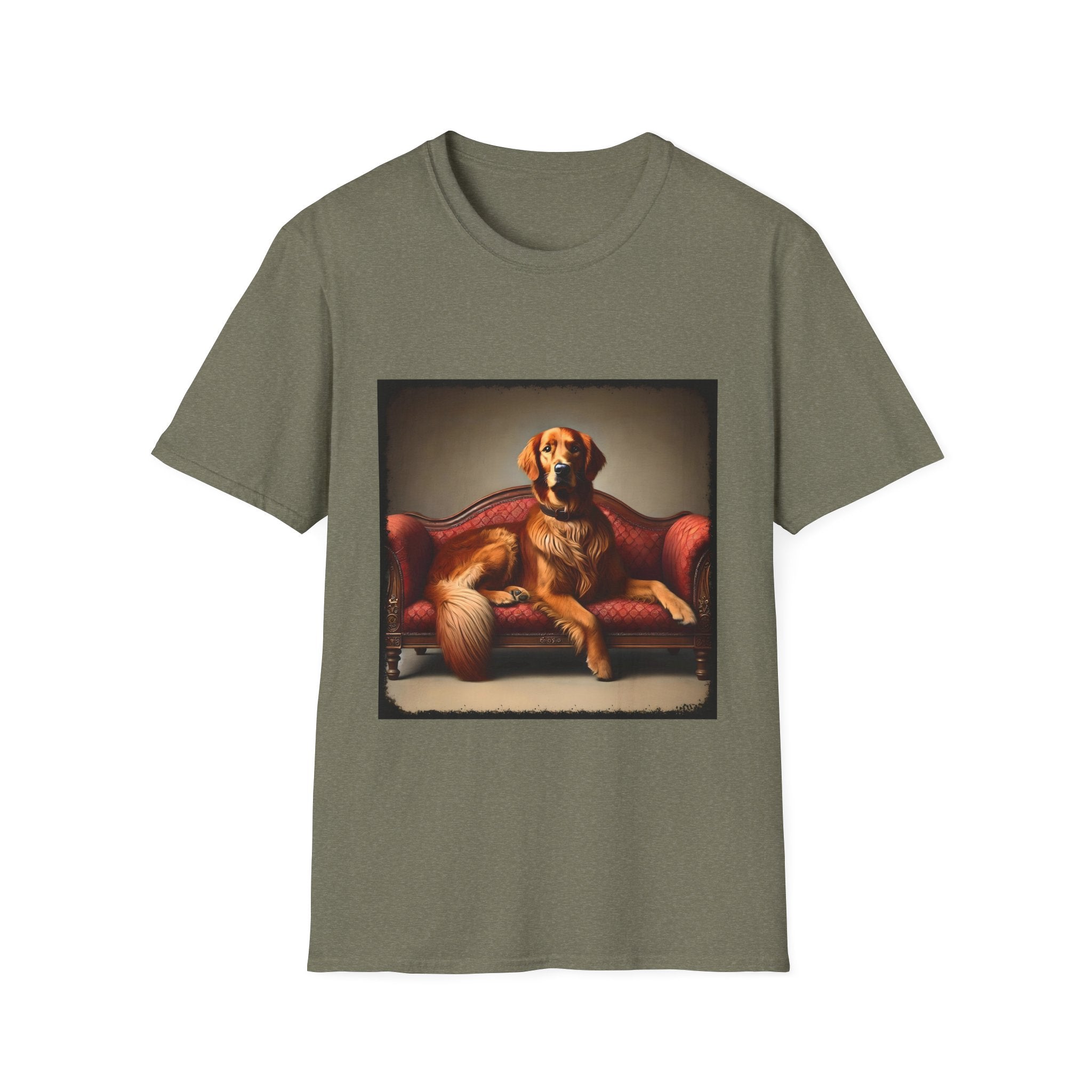 Heather military green dog t-shirt with golden retriever lounging on vintage red settee with regal posture.