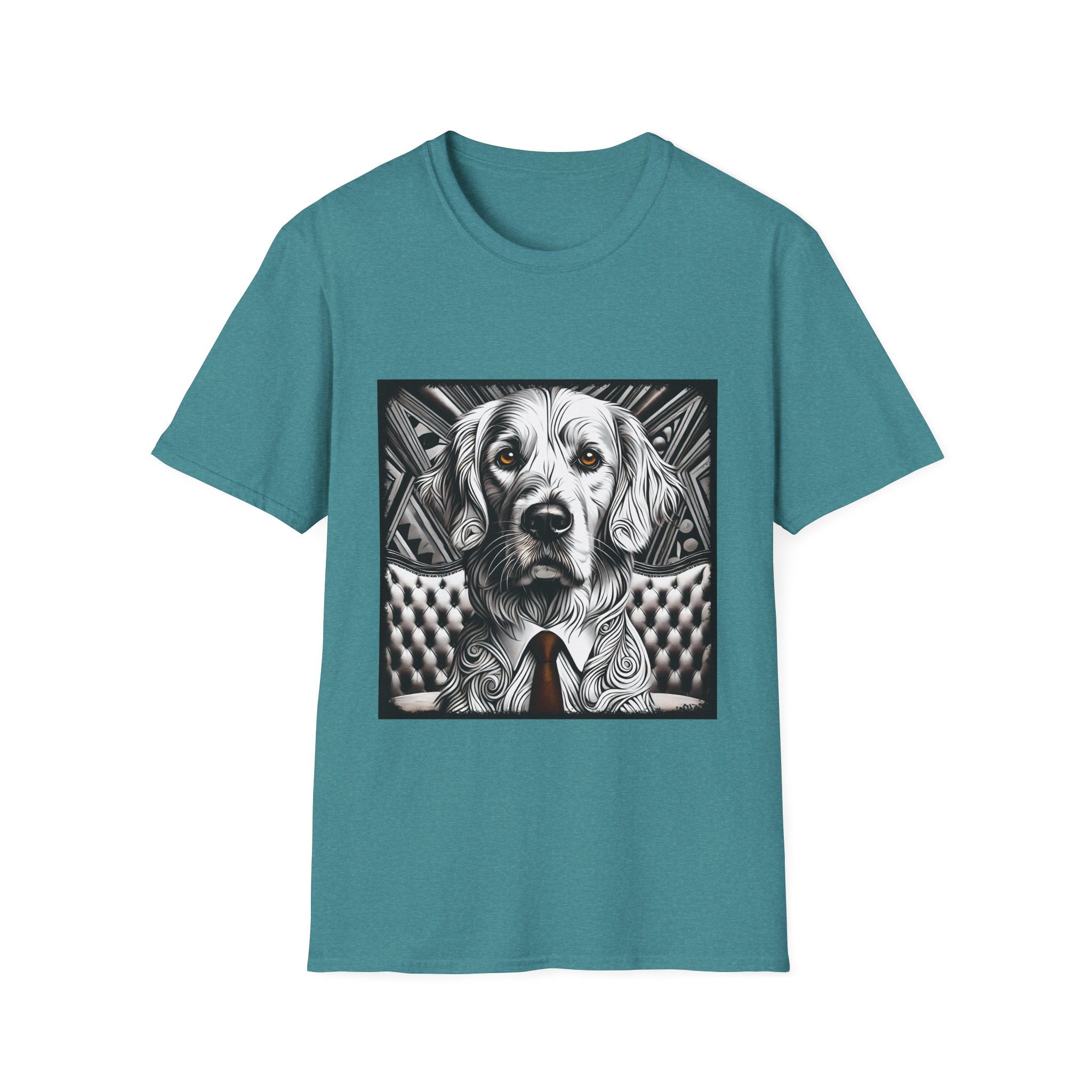 Teal dog t-shirt featuring monochrome golden retriever with brown eyes and tie in front of settee.