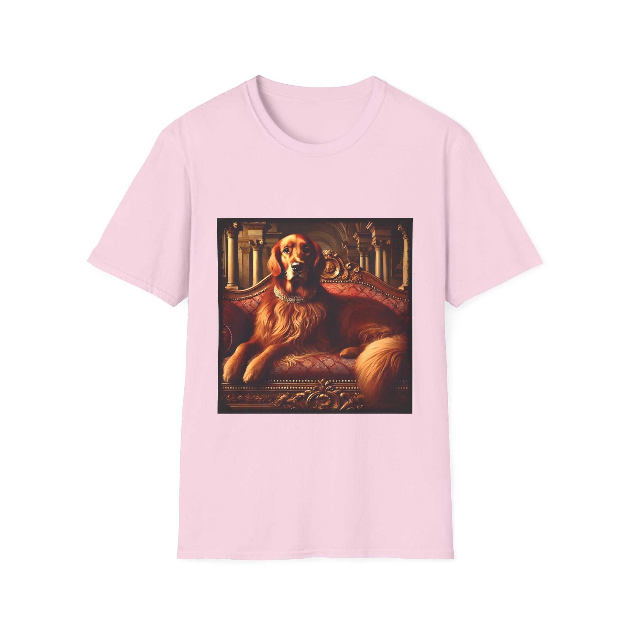 Light pink dog t-shirt with golden retriever on red settee, pearl collar, and regal columned backdrop.