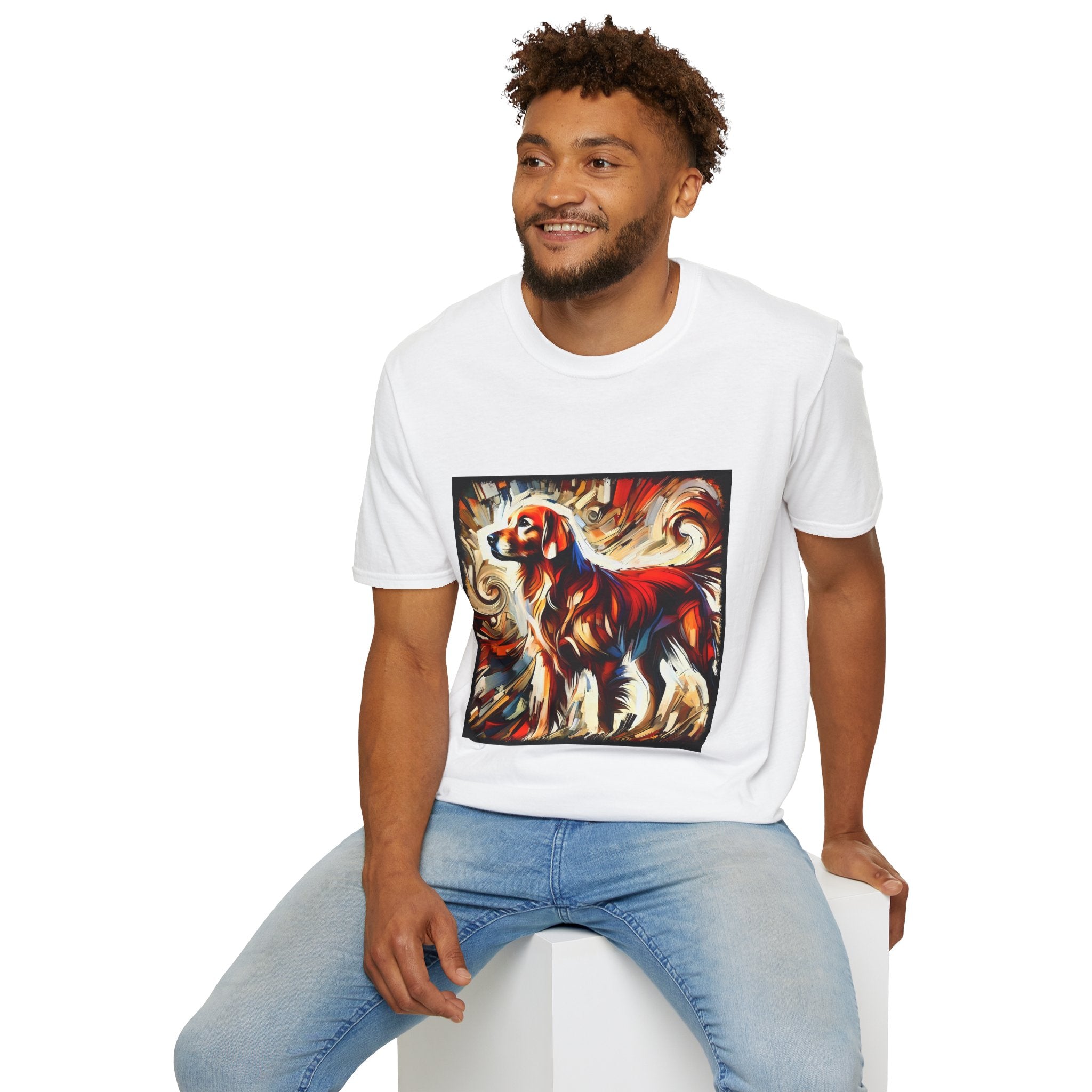 Male model in white dog t-shirt with golden retriever in red coat, abstract swirl background in bold warm tones.