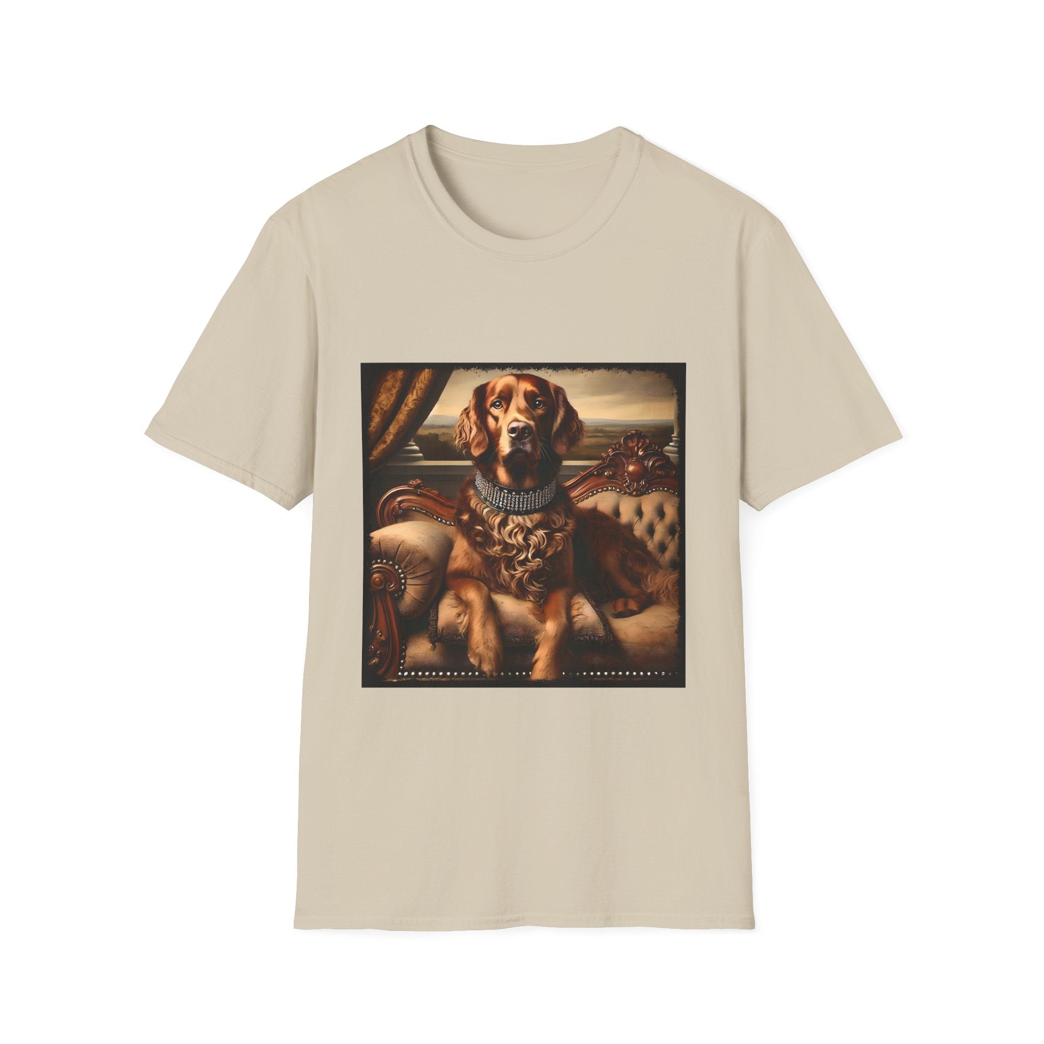 Sand dog t-shirt featuring a chocolate brown golden retriever in a jeweled collar, seated on a vintage tufted settee.