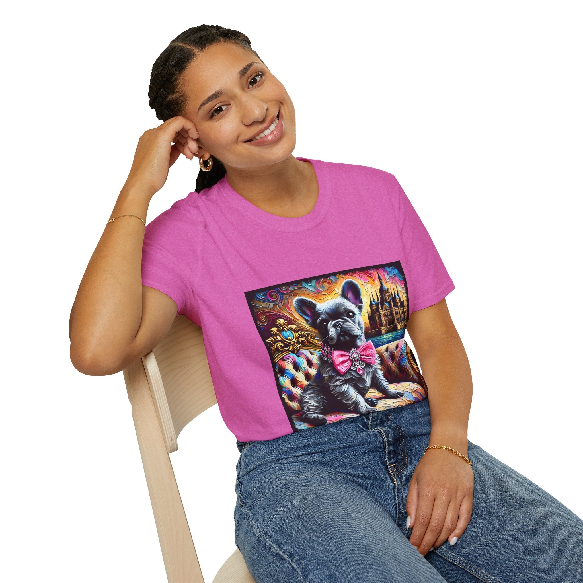 Individual wearing dark pink dog t-shirt featuring black French Bulldog in pink bow on ornate settee with colorful castle swirl background.