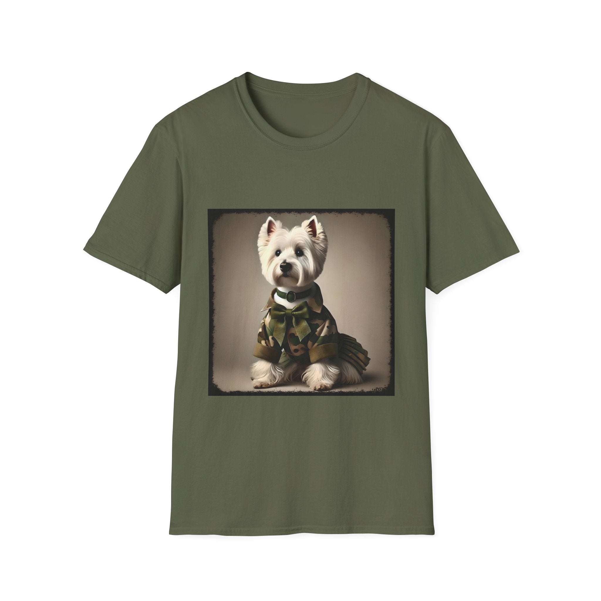 Military green dog t-shirt featuring Westie in camouflage jacket and pleated skirt against neutral backdrop.