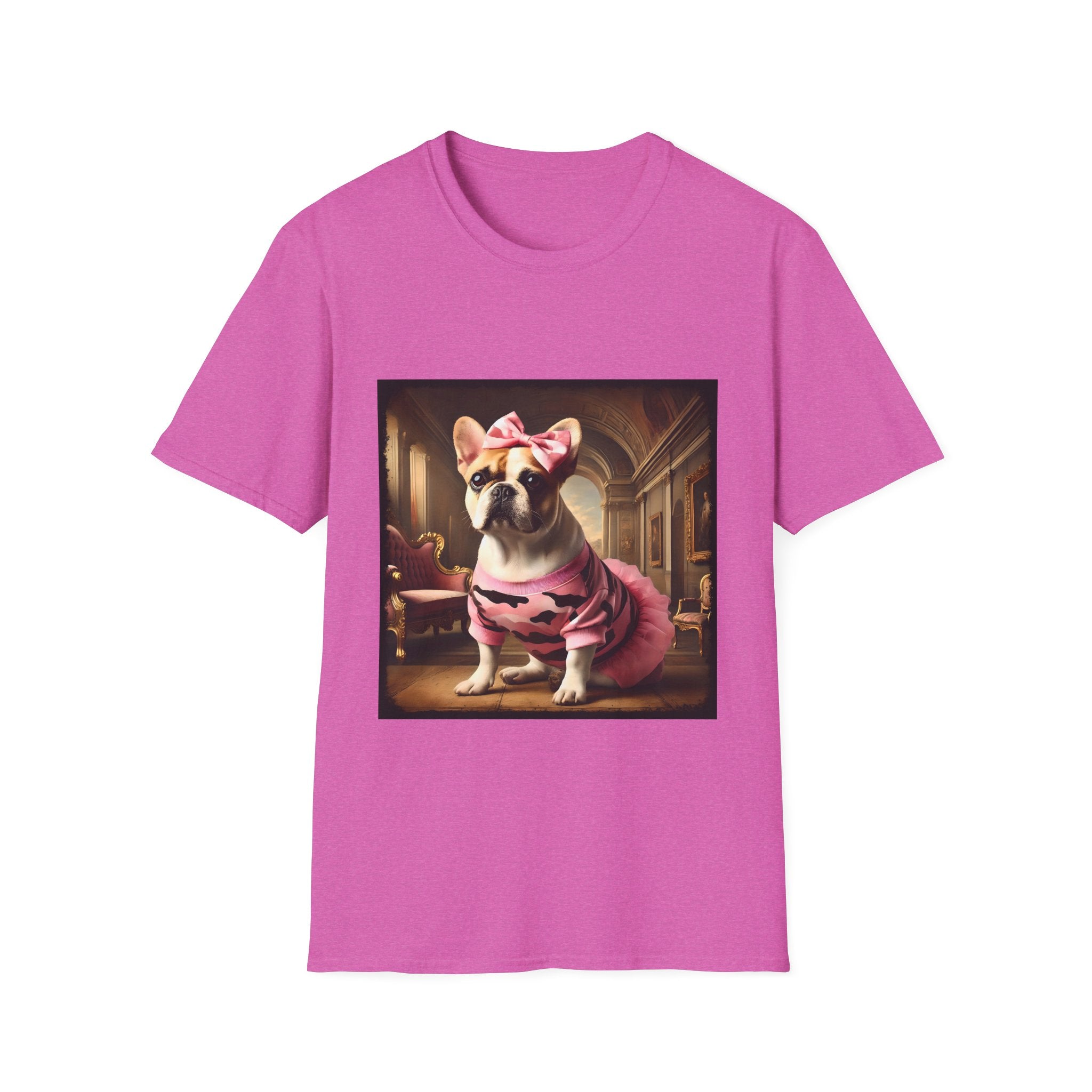 Orchid dog t-shirt featuring fawn and white French Bulldog in pink camouflage dress and bow in ornate hallway scene.