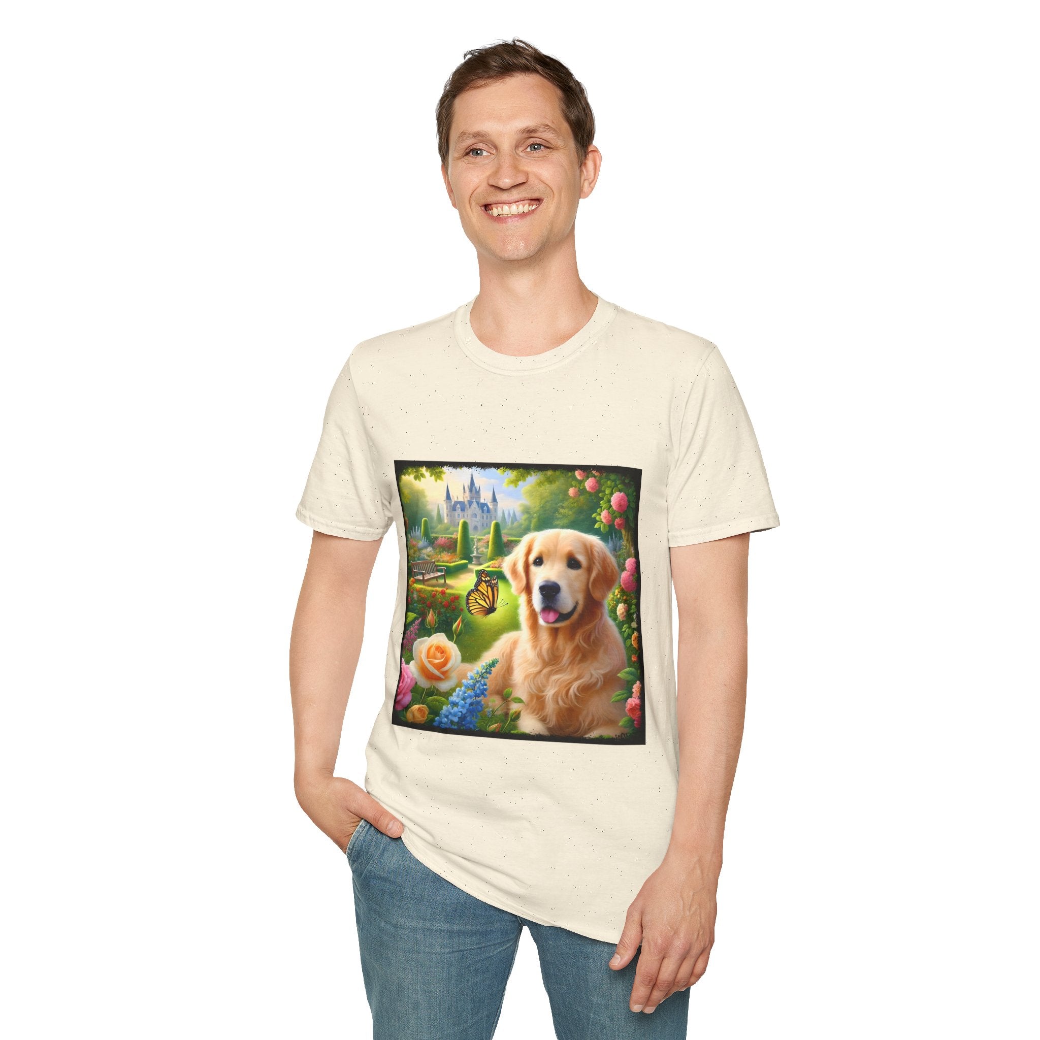Male model wears natural dog t-shirt featuring a golden retriever in a vibrant castle garden with blooming roses and a butterfly.