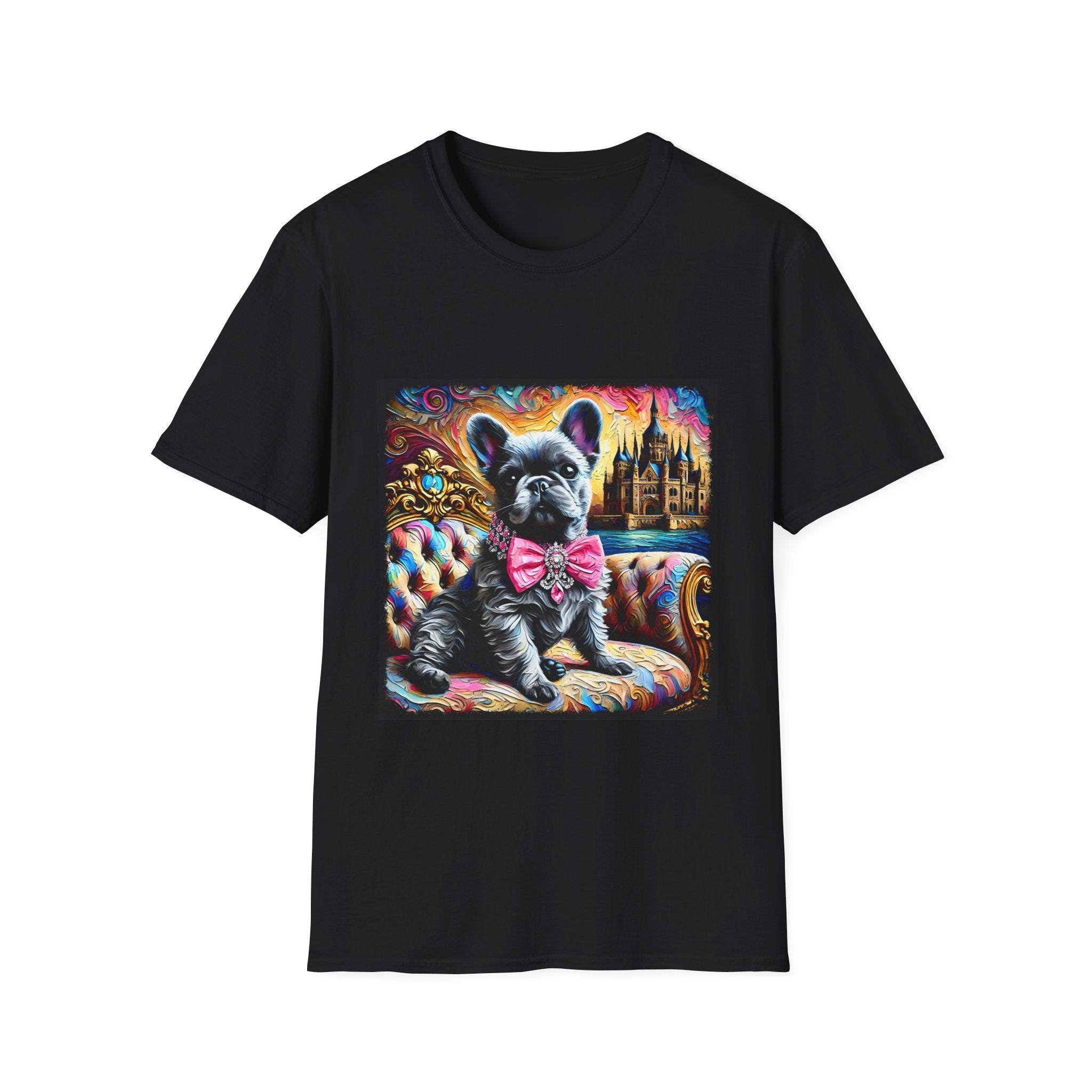 Black dog t-shirt featuring a black French Bulldog in pink bow on ornate settee, with vivid castle and swirl background.