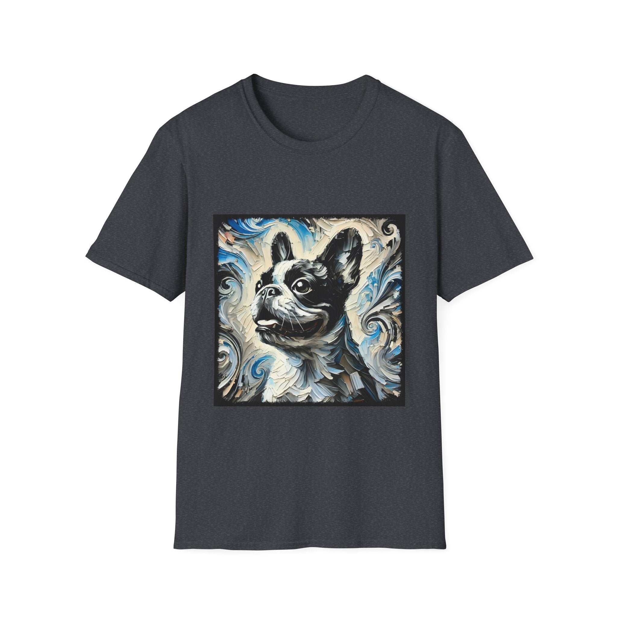 Dark grey dog t-shirt with black and white French Bulldog portrait on swirl-patterned vintage background.