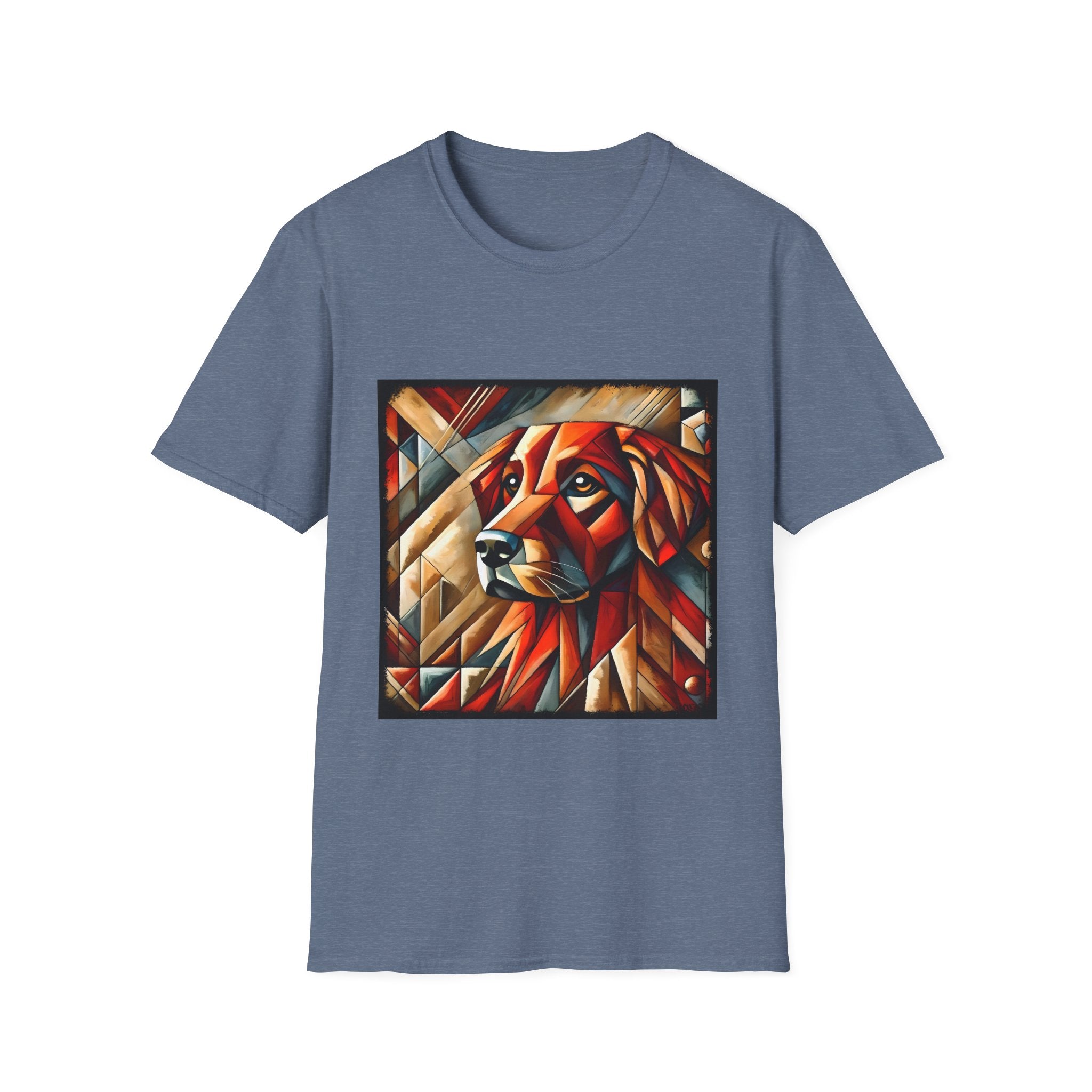 Heather indigo dog t-shirt featuring red geometric golden retriever portrait in cubist style with bold angles.