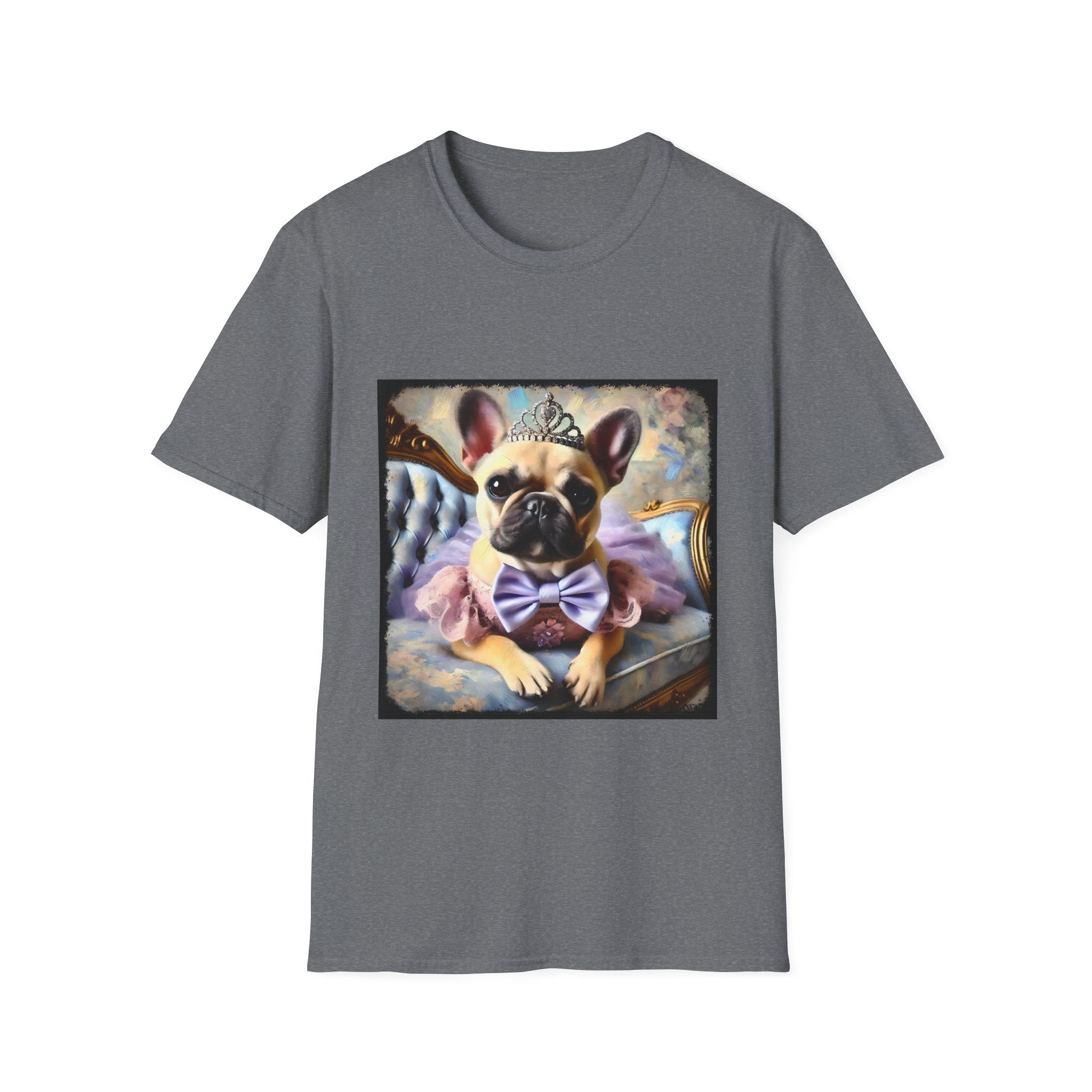 Graphite gray dog t-shirt featuring French Bulldog wearing tiara, purple tutu, and bow, seated on royal chair with pastel background.