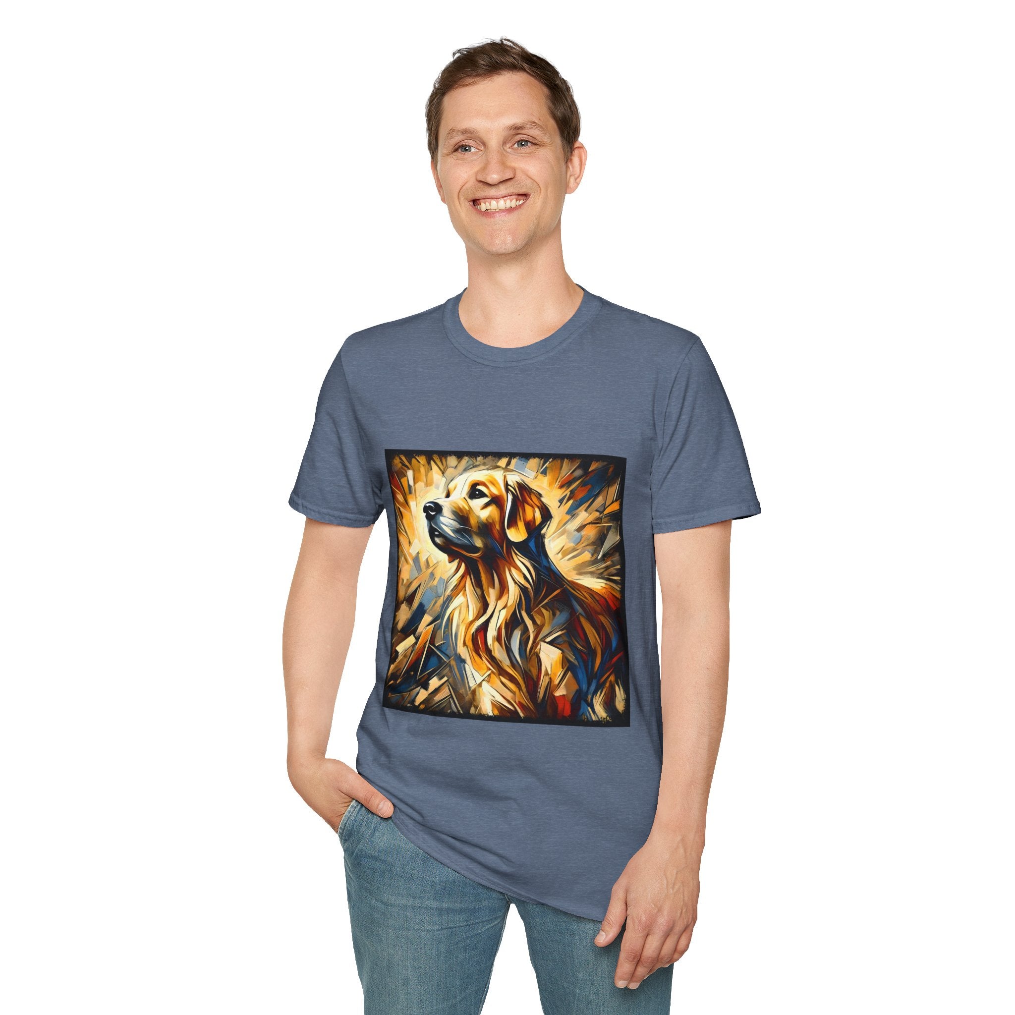 Male standing in heather indigo dog t-shirt featuring golden retriever portrait with fiery gold, blue, and amber abstract swirls.