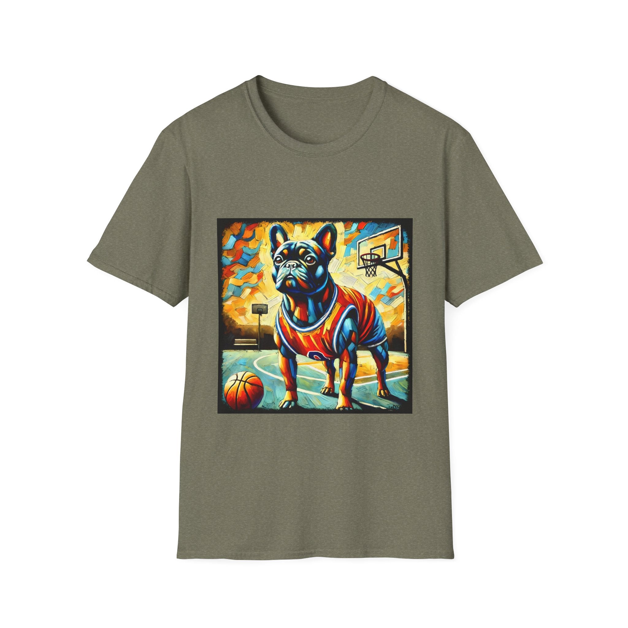 Heather military green dog t-shirt featuring French Bulldog in red jersey on basketball court, expressionism style.