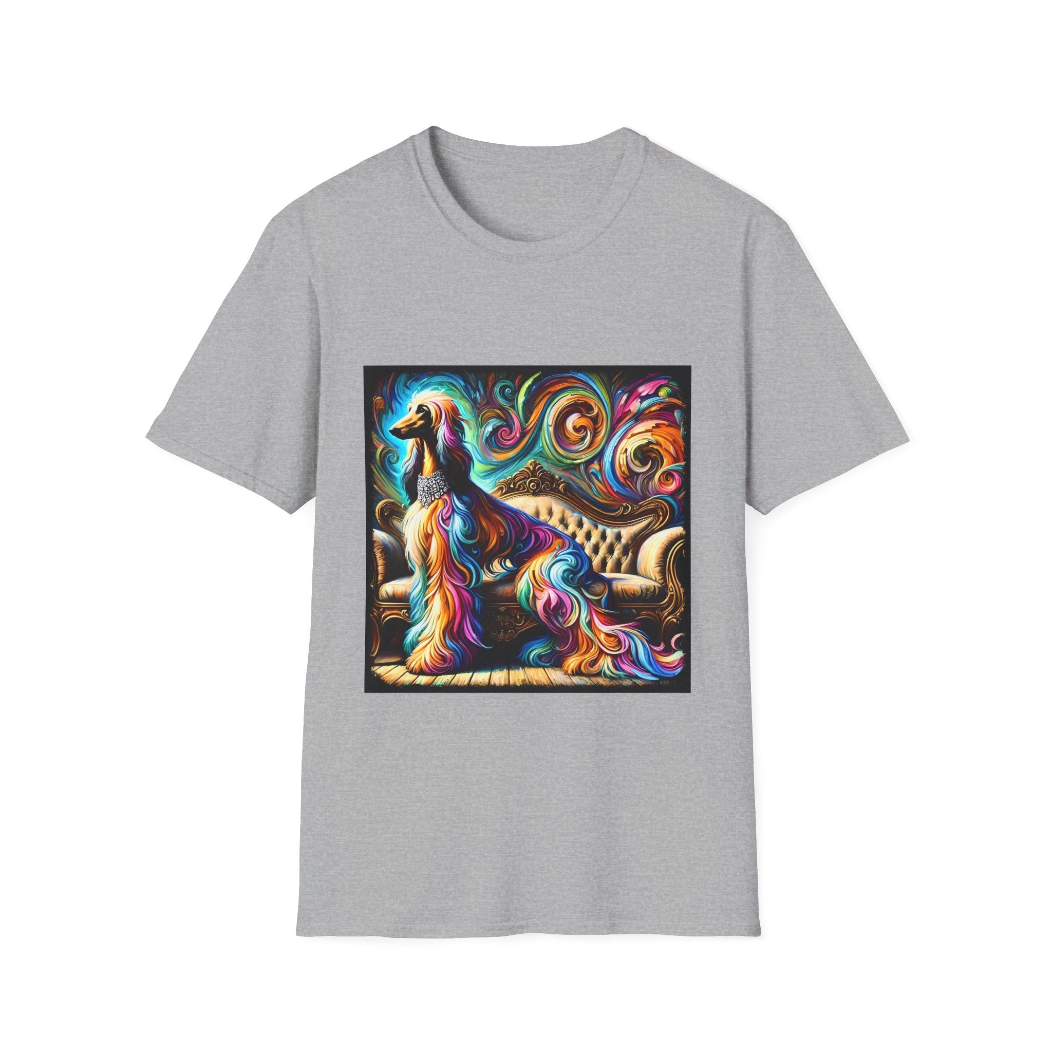 front view ice grey  dog t-shirt of Afghan Hound dog sitting before ornate settee, colorful swirling fur and vivid abstract background.