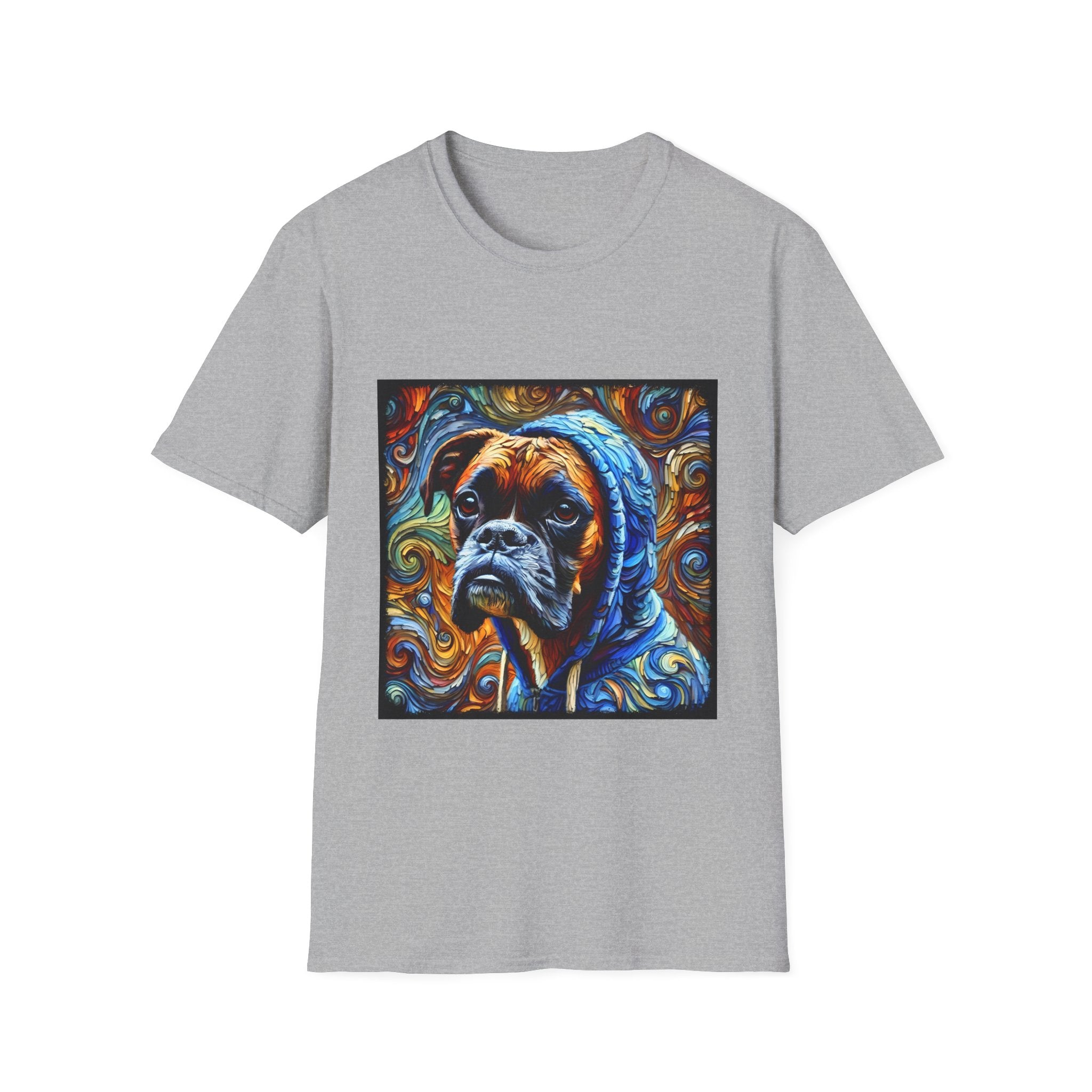 Sport gray dog t-shirt featuring a boxer in a blue hoodie with swirled orange, gold, and teal background design.