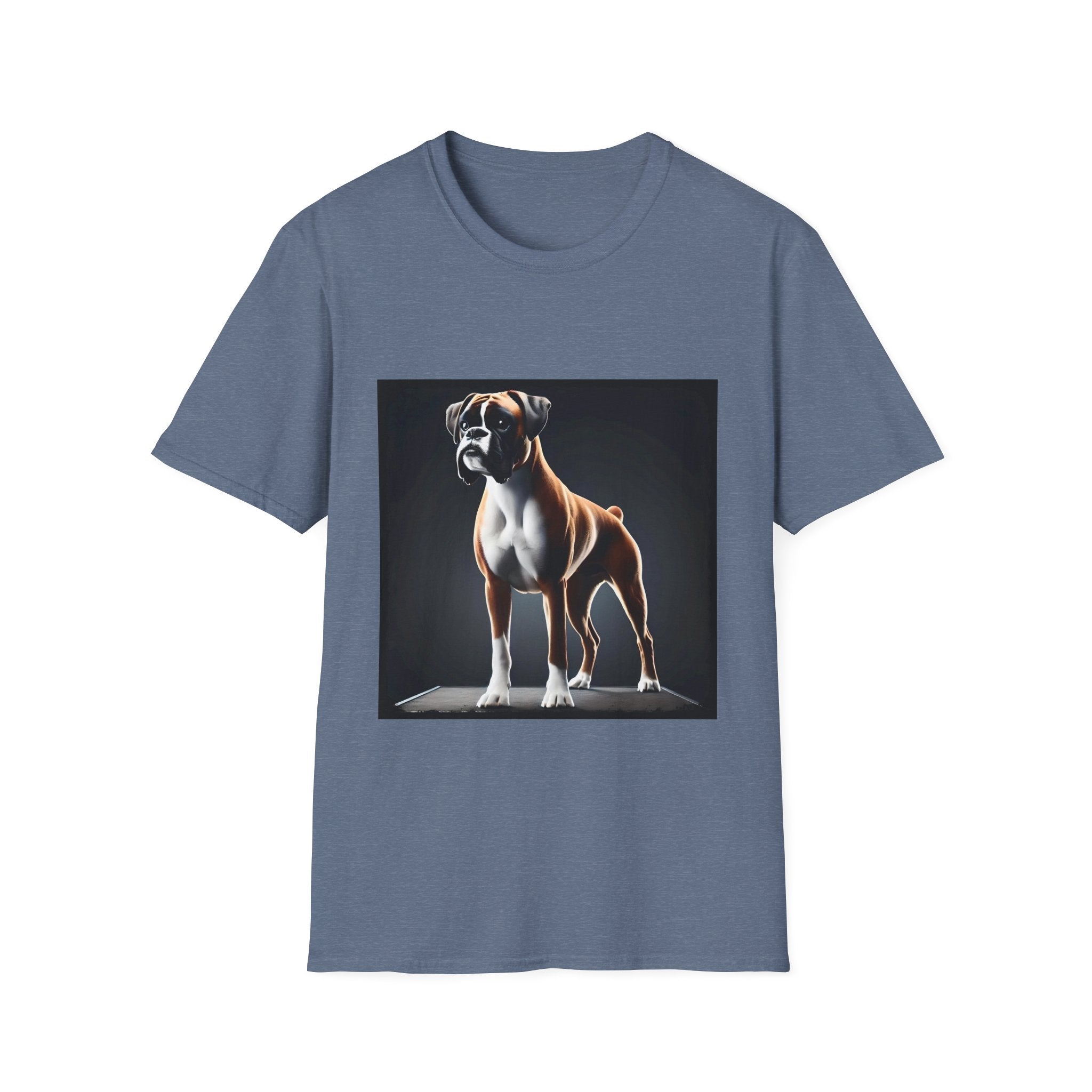 Heather indigo dog t-shirt featuring standing boxer on platform with black background and dramatic lighting.