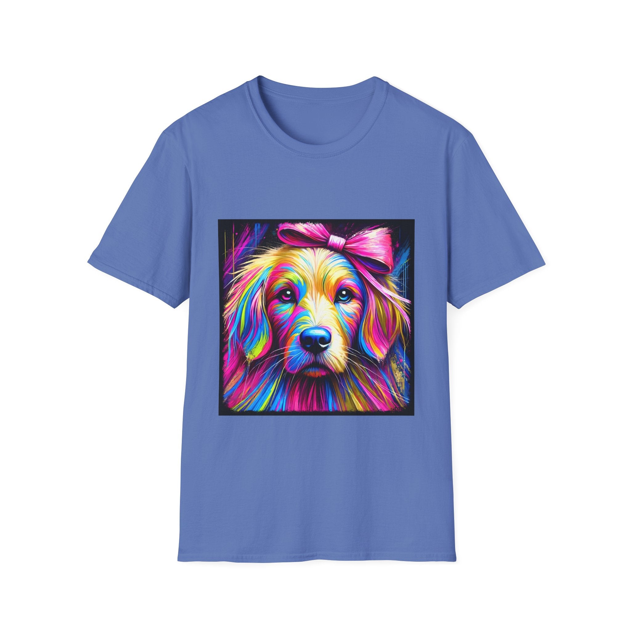 Cornflower blue dog t-shirt featuring neon-colored golden retriever with pink bow on vibrant electric abstract backdrop.