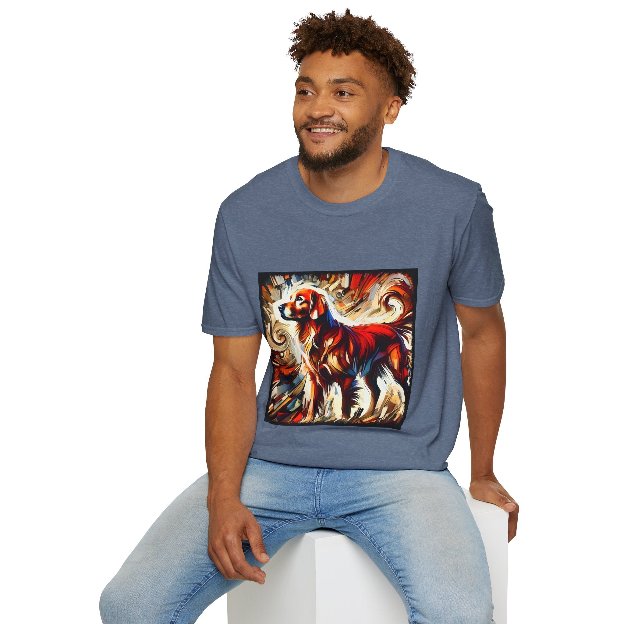 Male model in heather indigo dog t-shirt with golden retriever in red coat, abstract swirl background in bold warm tones.