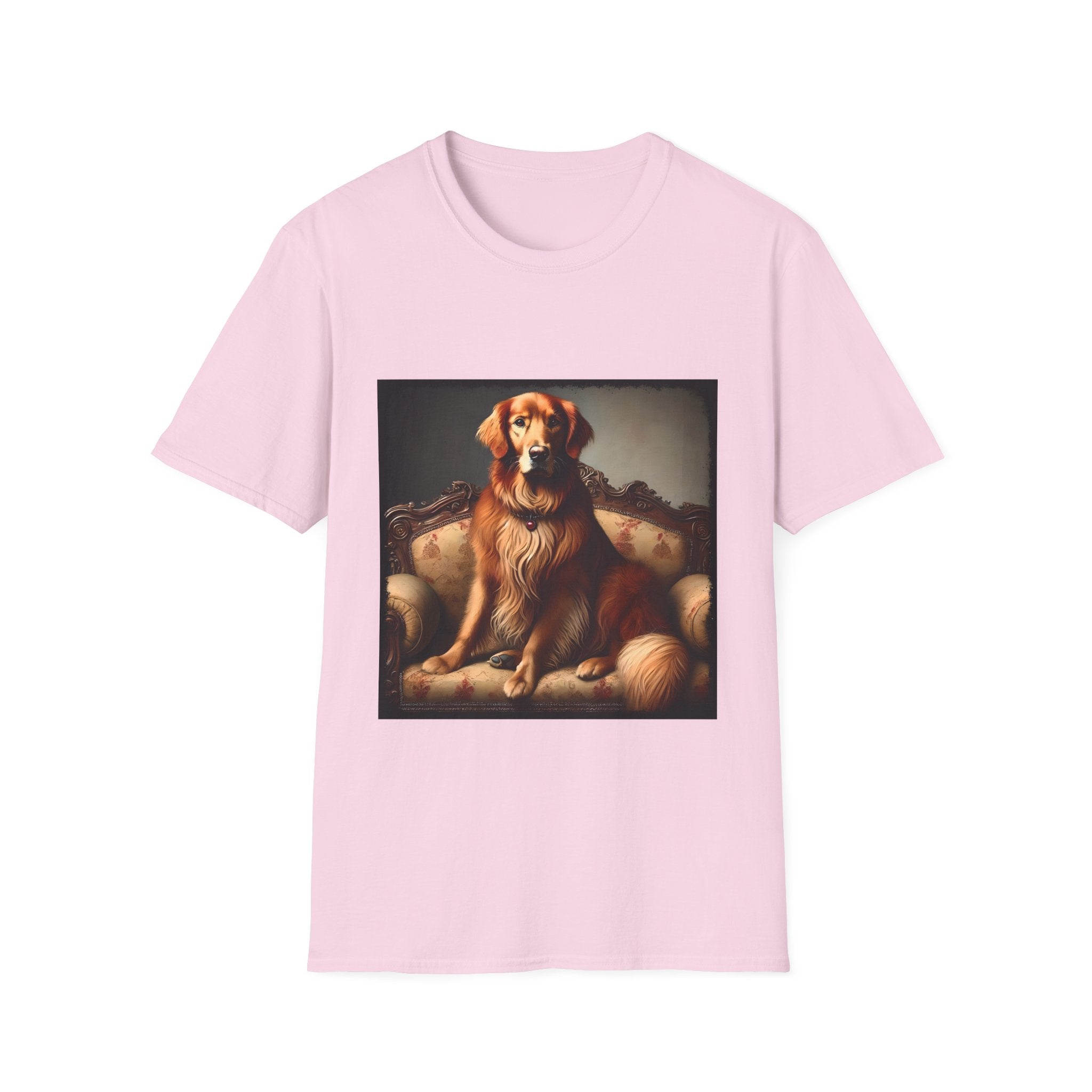 Light pink dog t-shirt featuring golden retriever on ornate settee with long fur and classic red tones.